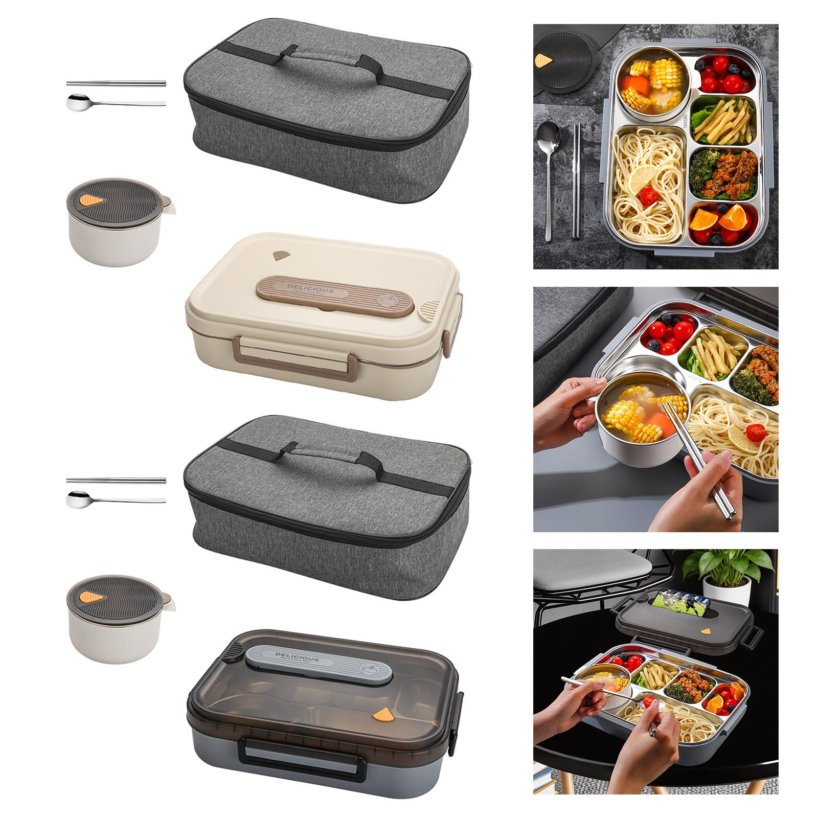 Lonchera térmica de gran capacidad con cuenco de sopa y cubiertos, 6 compartimentos, acero inoxidable, doble capa, contenedor de alimentos