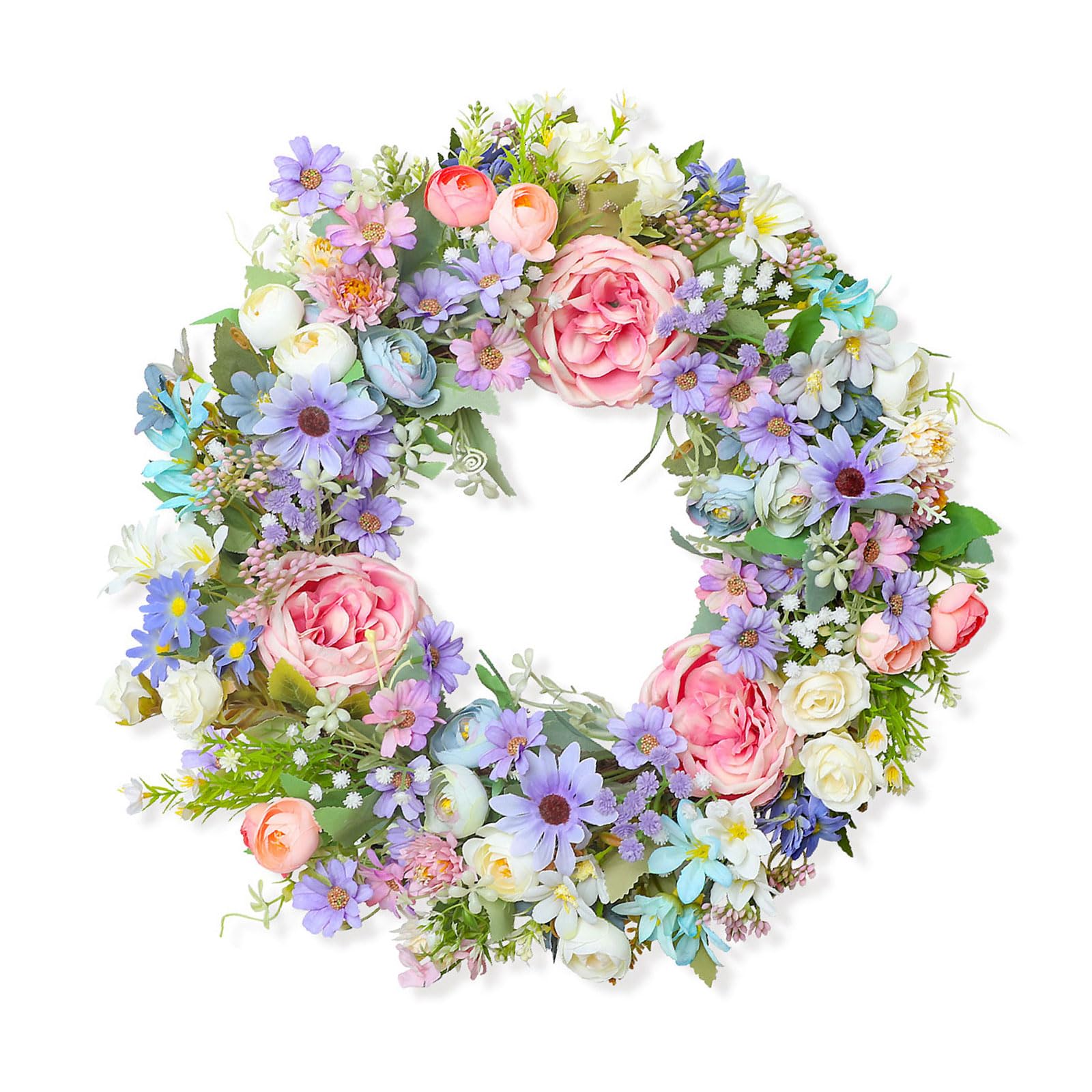 Sbshiouu Multicolor Artificial Flower With Leaves Realistic Rose Floral Wreath Wedding Decoration For Door Wall Window Farmhouses Colorful Home Deck