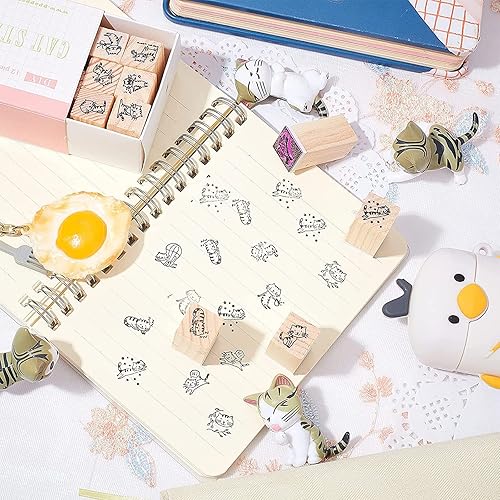 Miniatura 6 de CRASPIRE Sellos de goma de madera vintage con almohadilla de tinta y calcomanía, 12 piezas de sellos de goma montados en madera para manualidades,