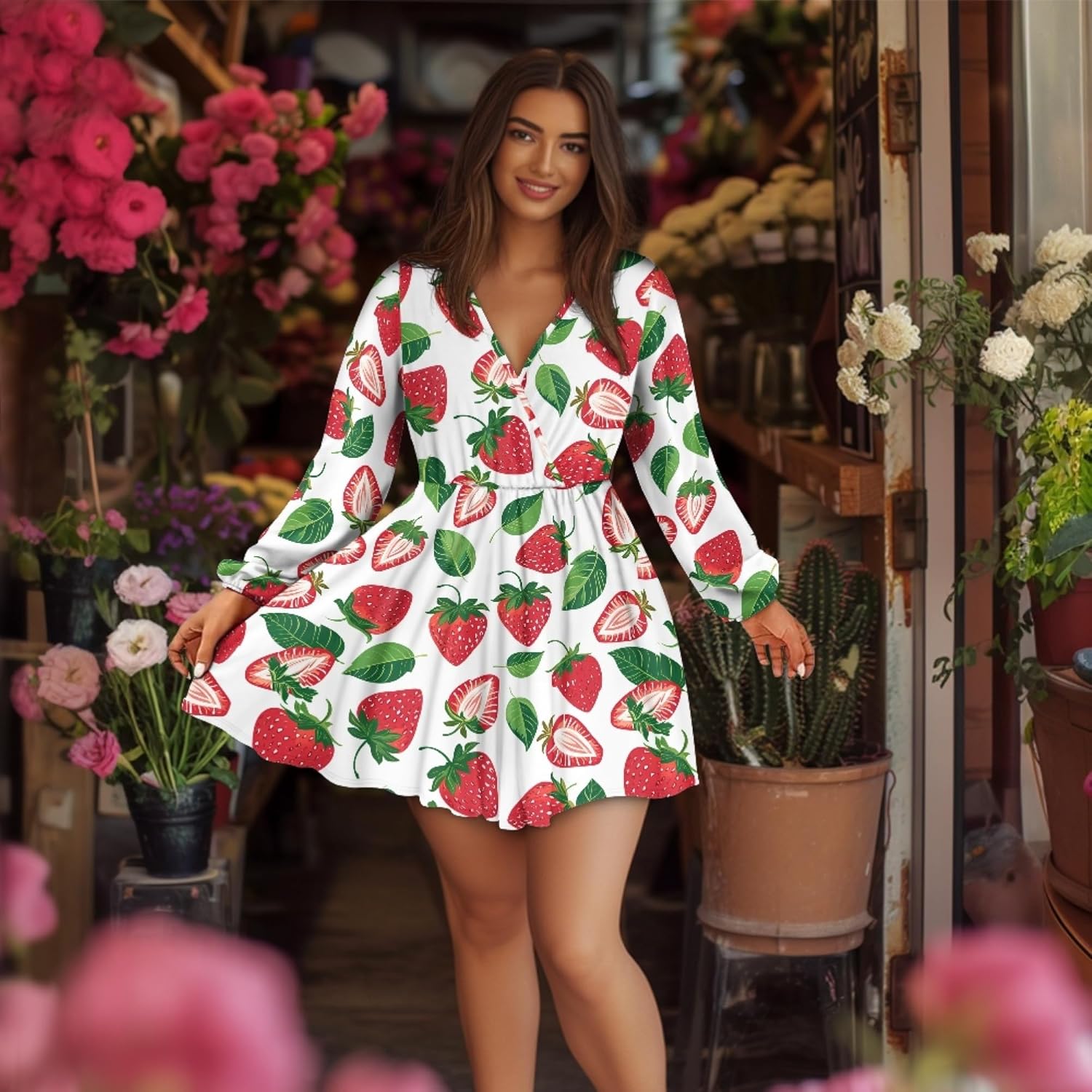 Easter Dress for Women Lantern Sleeve Floral 2025 Fashion Empire Waist V Neck A Line Holiday Party Mini Dress - Image 3