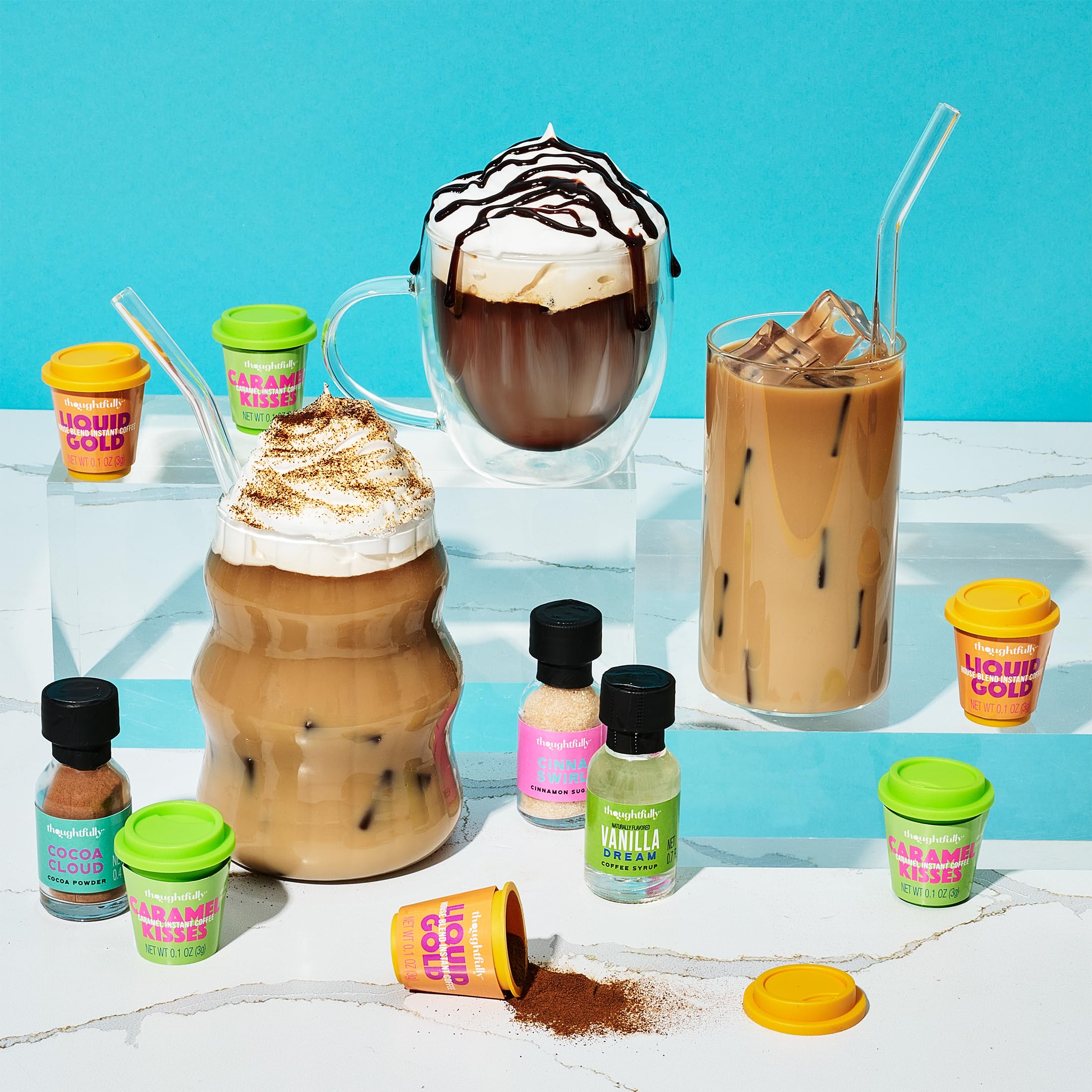 Thoughtfully, Iced Coffee Barista Bar Gift Set, Includes Instant Coffee, Flavored Syrups, Cocoa Powder & Cinnamon Sugar, DIY Coffee Station Sampler Gift for Coffee Lovers