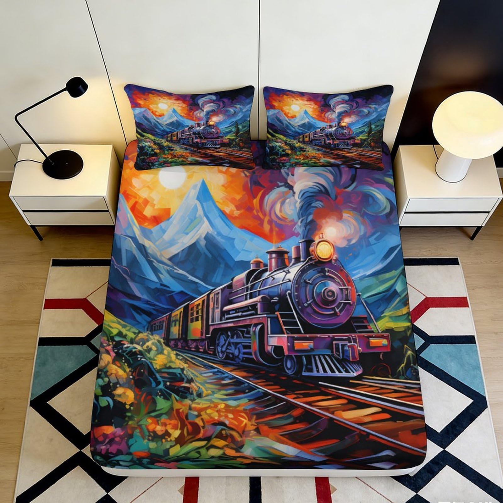 Pnayamiorkfel Style-5 3D Printed Vibrant Steam Train Fitted Sheet Microfiber Colourful Mountain Bed Cover For Bedroom Dorm Decor 90X200x25cm