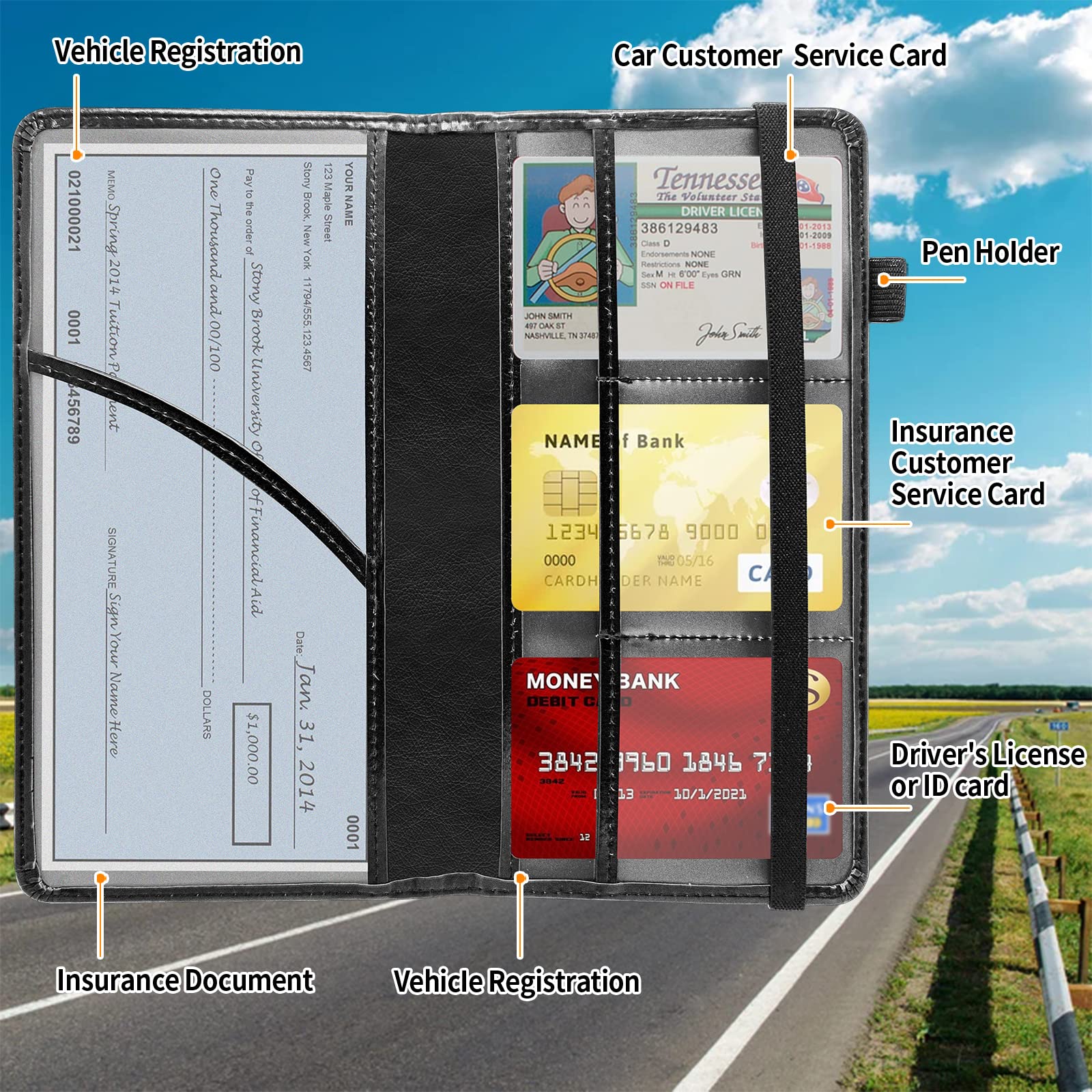 Car Registration and Insurance Holder,Leather Vehicle Glove Box Organizer Wallet for Document,Perfect for any Car,Truck,Motorcycle,Driver License,Trailer or Boat,Men & Women,Red Roses Flowers