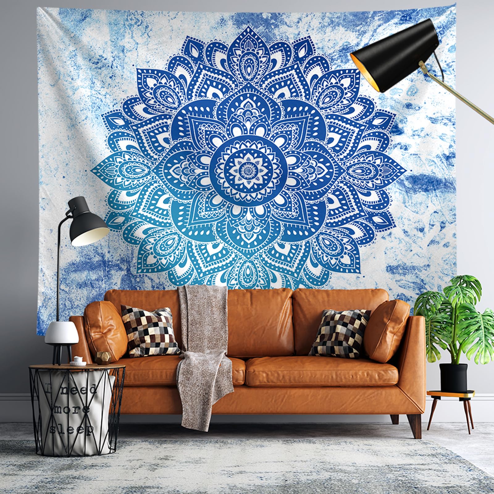 Yosugar Dywan ścienny do sypialni, chusta na ścianę, dekoracja pokoju, dywan ścienny w stylu boho, do dekoracji pokoju, sypialni, salonu (jasnoniebieska mandala, 200 x 150 szer. cm, bez ramki)