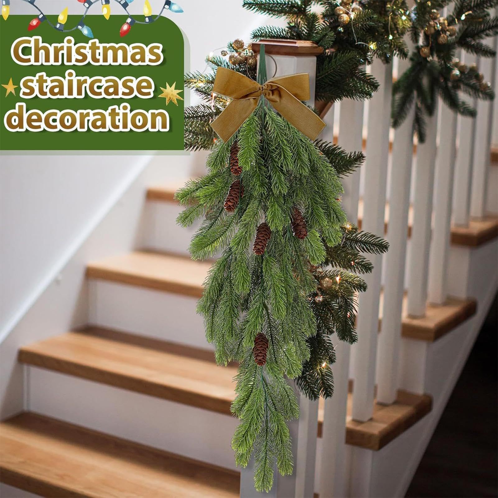 Christmas Decoration, Pine Cone Swag, Teardrop Decoration Wreath, Front Door Pine Needles Decor, Bowknot Swag for Stairway and Window, Festive Christmas Swag for Home