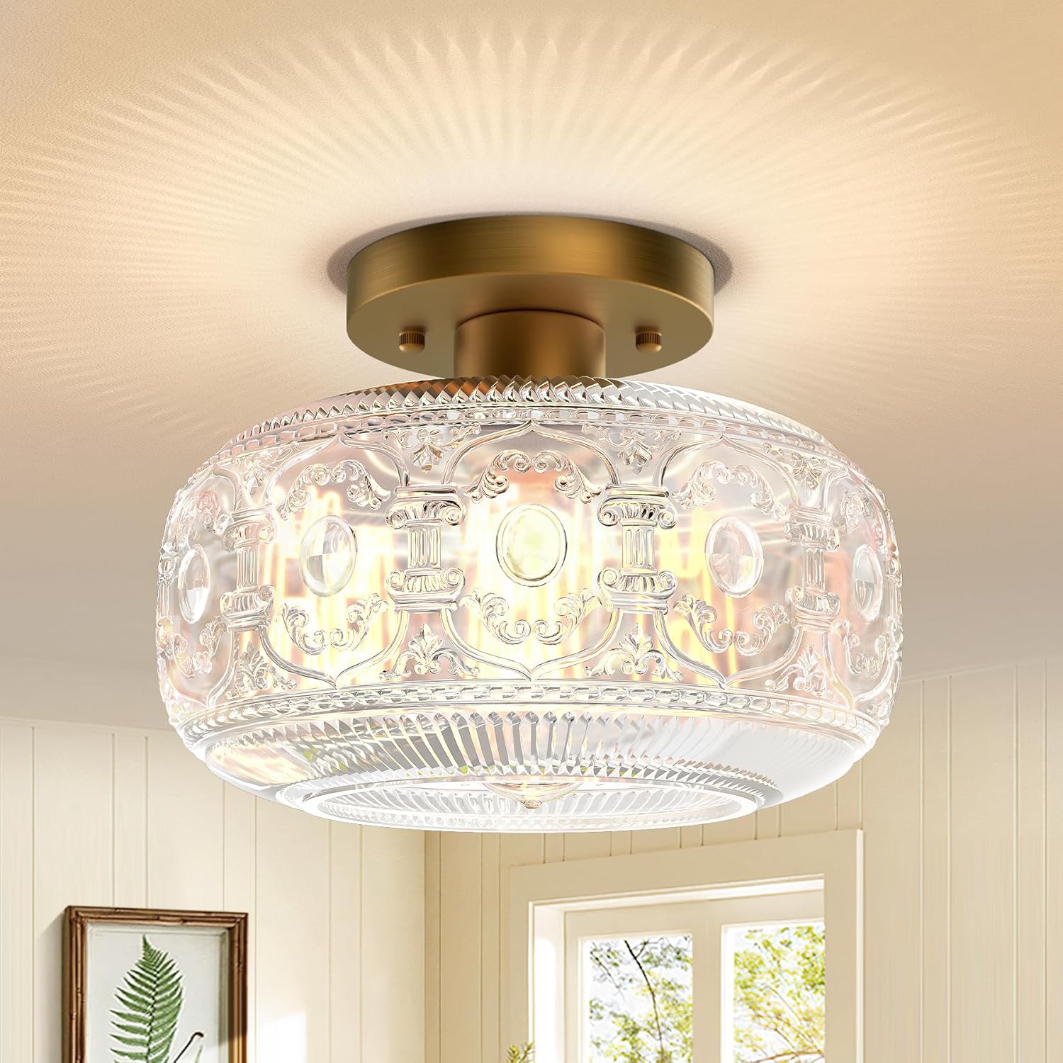 Semi Flush Mount Ceiling Light, Gold Vintage Kitchen Ceiling Light Fixture, Globe Glass Close to Crystal Modern Lighting for Hallway Bathroom Bedroom Porch Entryway, Bulb Not Included