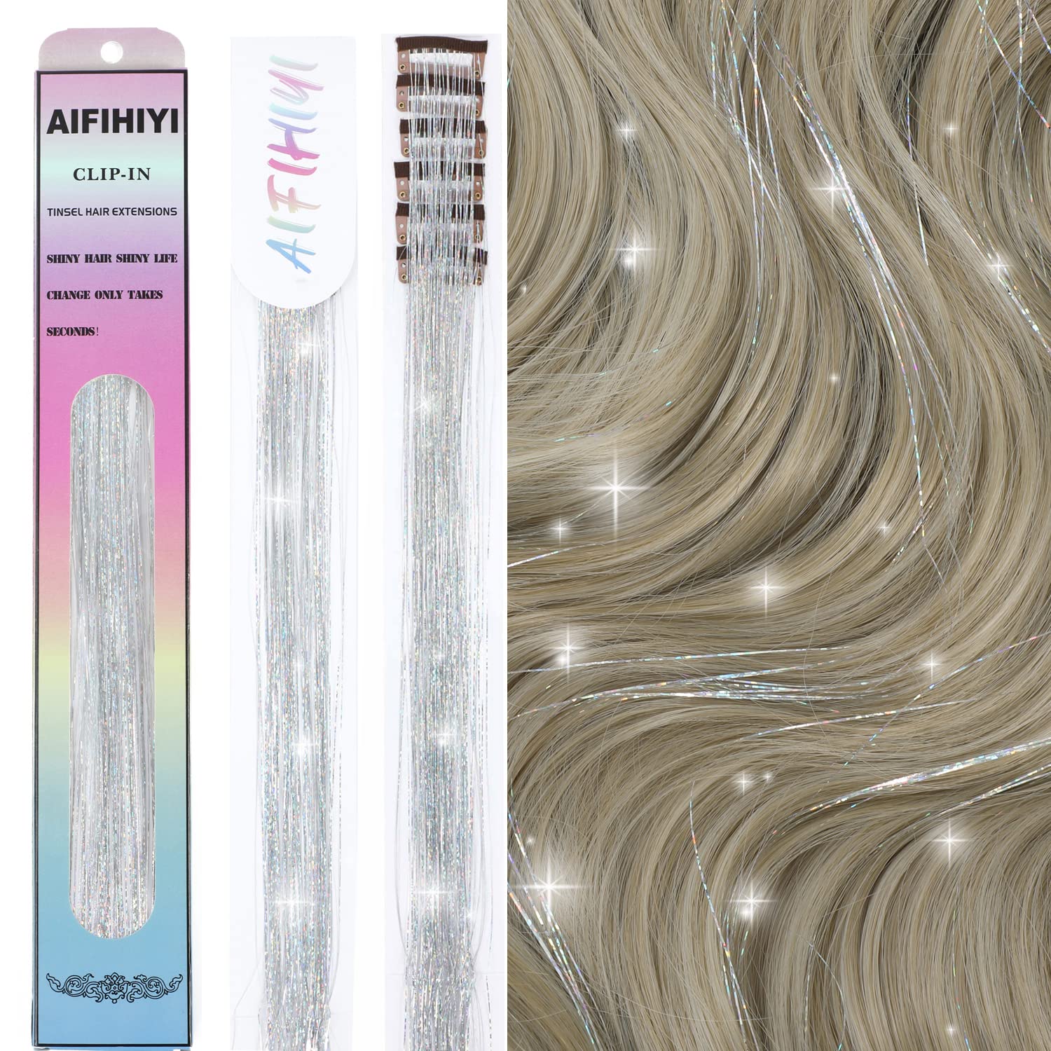 6 Pieces Clip in Hair Tinsel Heat Resistant 23.6 Inch