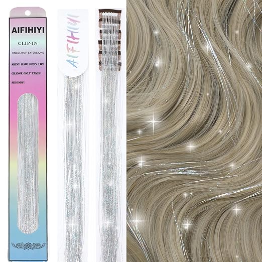 6 Pieces Clip in Hair Tinsel Heat Resistant 23.6 Inch Fairy Silver Hair Tinsel Kit