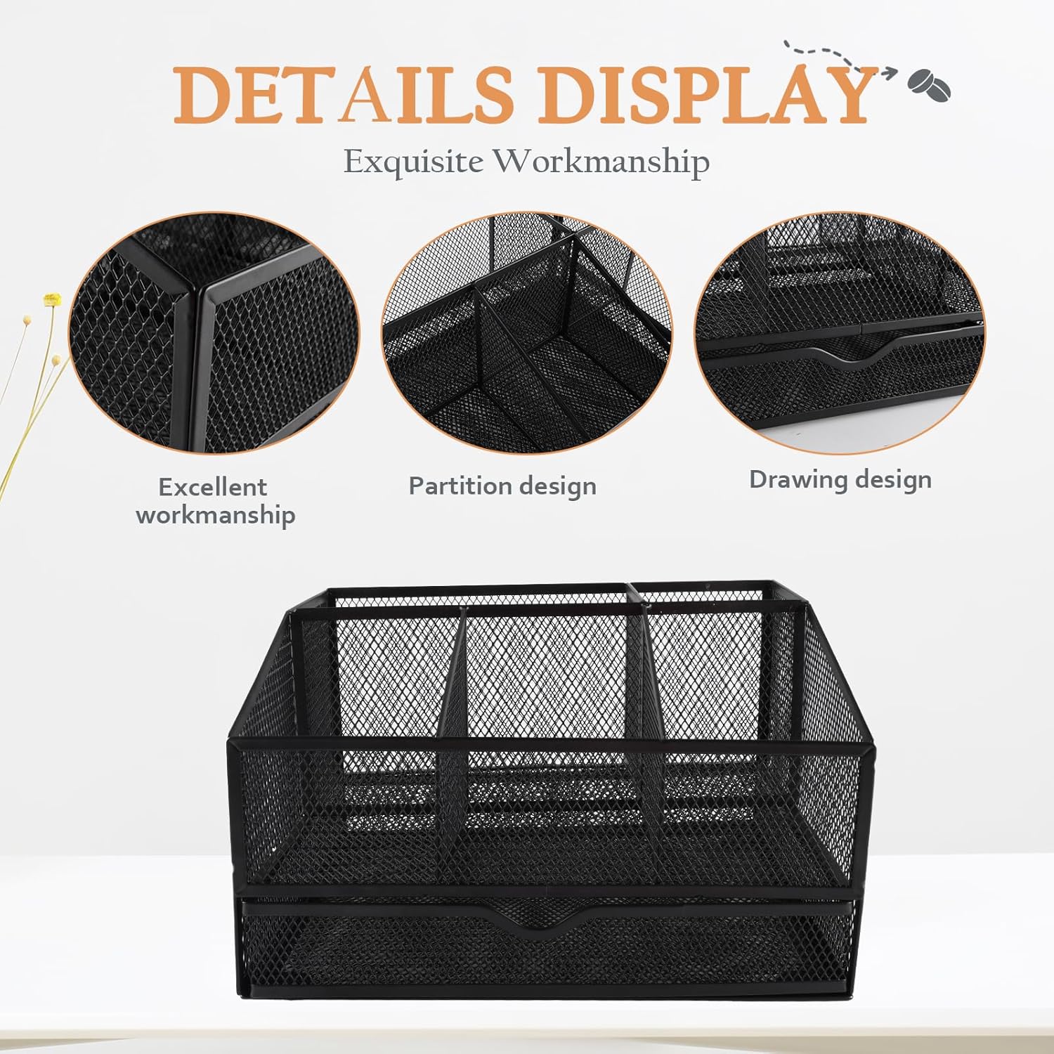 Snack Organizer for Countertop, Metal Snack Bar Organizer Decor, 5 Compartment Snack Basket with Drawer, Kitchen Pantry organizer and Storage for Chips, Candy, Coffee Pods (Black)