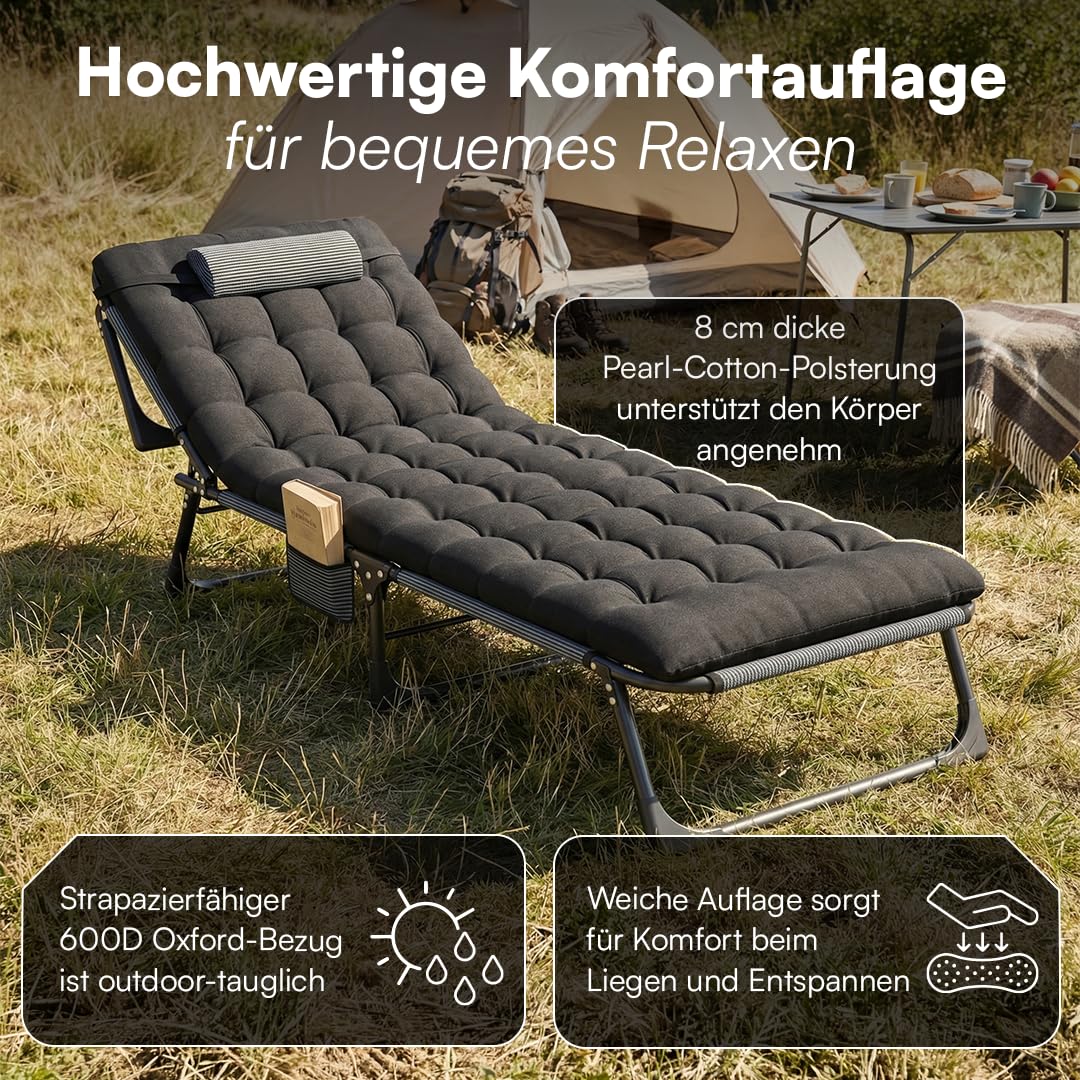 STEELSØN Nysaris Sonnenliege Klappbar – Strandliege in Grau/Schwarz – Outdoor Gartenliege wetterfest – Liegestuhl mit Polsterauflage – leichte Campingliege verstellbar mit Seitentasche – bis 180 kg