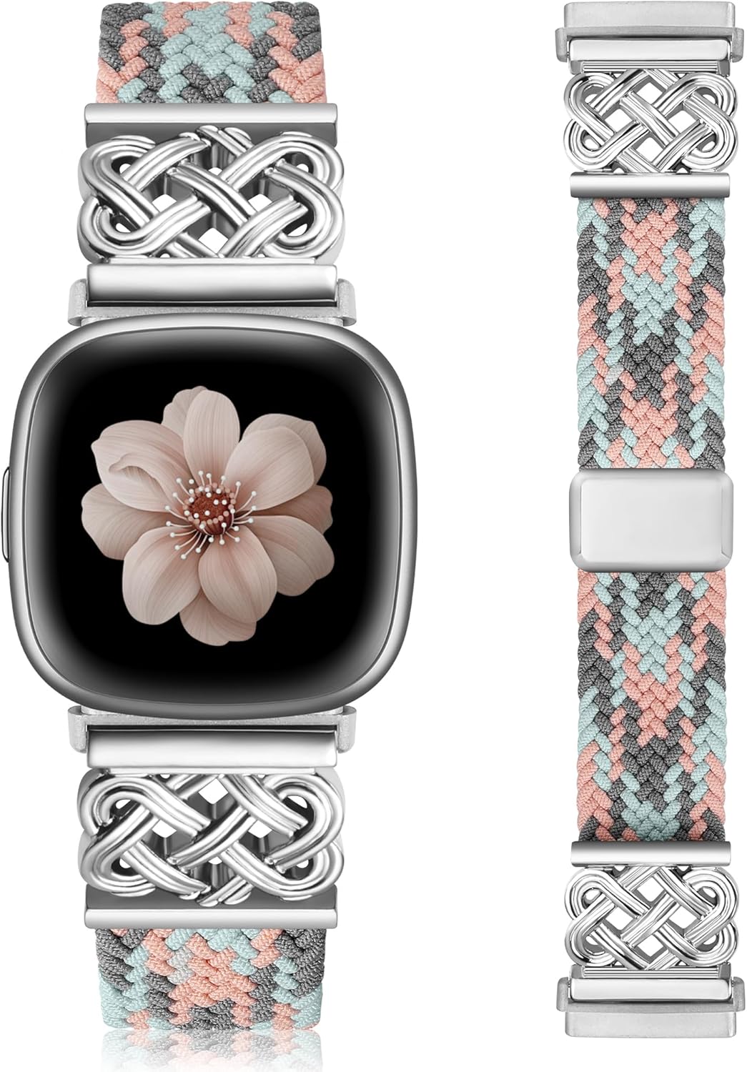TOYOUTHS Braided Magnetic Band Compatible with Fitbit Versa 4 3/Fitbit Sense 2 1 Bands Women, Dressy Celtic Metal Stretchy Elastic Nylon Fabric Woven Strap for Versa 3 4 Sense 2 Smartwatch