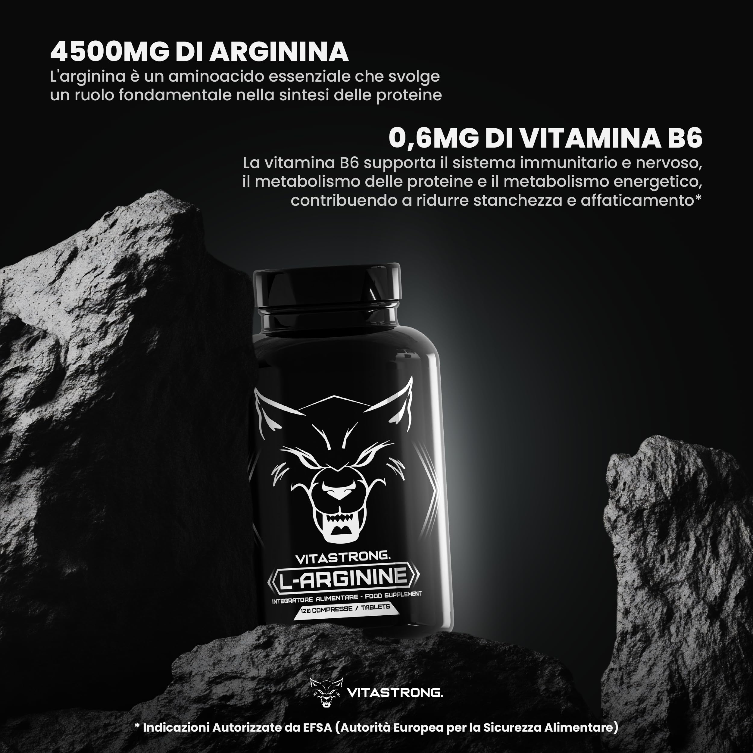 Arginina 4500mg + Vitamina B6 Vitastrong, 120 Compresse di L-Arginina HCL Alto Dosaggio Kyowa Quality, L Arginina Polvere Pura con Vit B6, Integratore Pre Workout Post Workout Senza Glutine né OGM