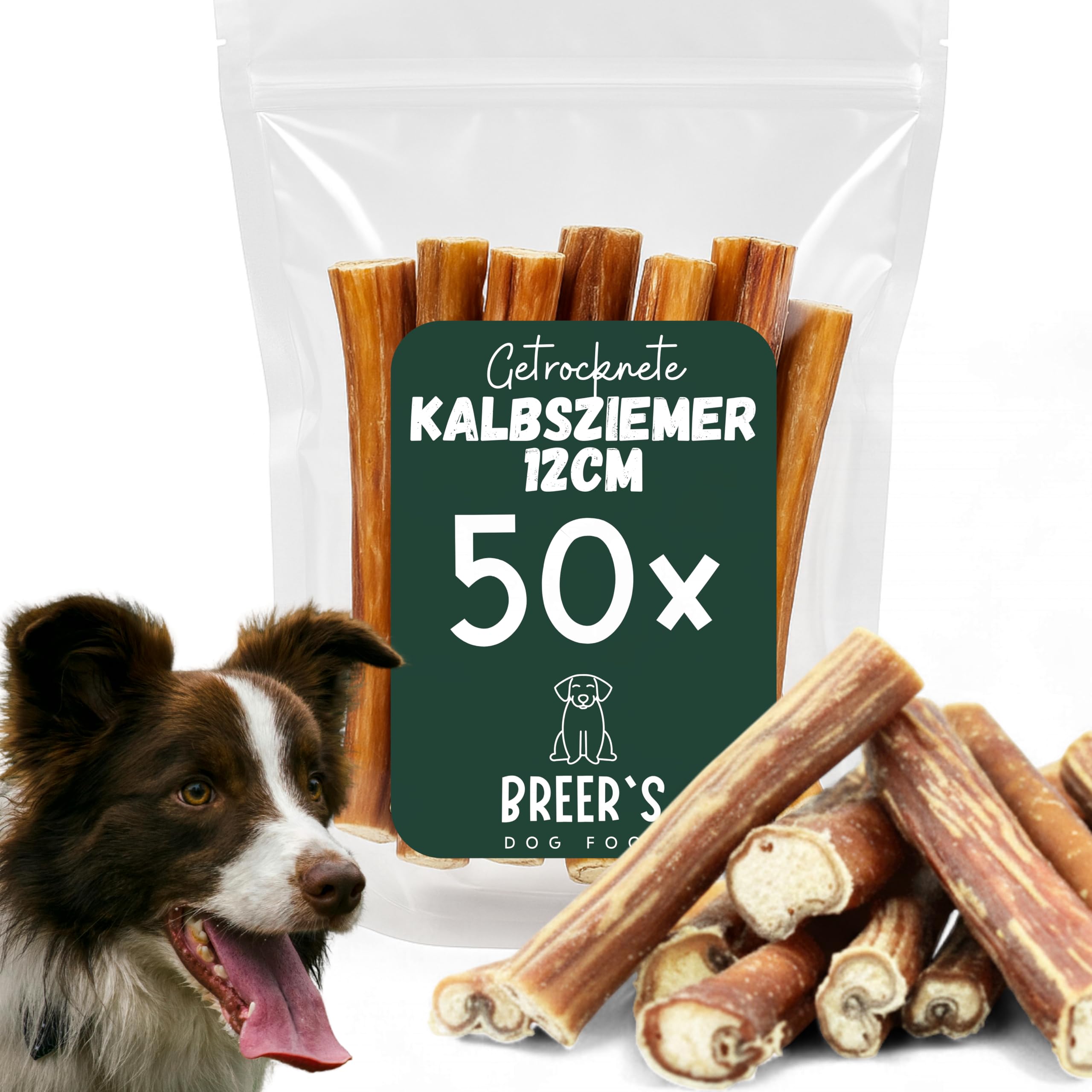 BREERs - Sacadores de ternera secos de 12 cm para perros, 50 unidades de fabricación alemana, para perros grandes, pequeños y cachorros, producto para masticar limpia y fortalece la dentición