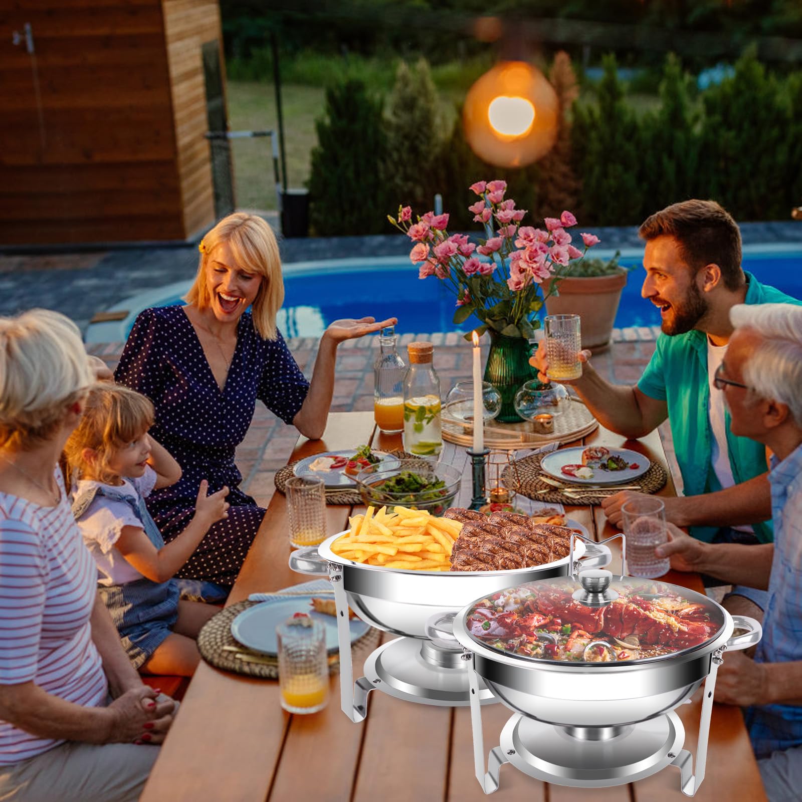 Juego de 2 platos para frotar, 5 cuartos de galón, olla redonda para mantener caliente, con tapa de vidrio y soporte, mantiene la comida caliente para fiestas, catering, boda, camping, cena