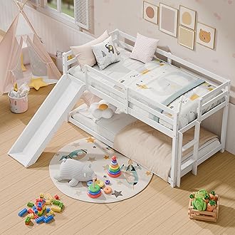 MU Low Bunk Bed with Slide, Twin Over Twin Bunk Bed, Solid Wood Bed Frame with Climbing Ladder & Safety Guard Rail, Floor Loft Bed with Storage Space for Kids Toddler, White