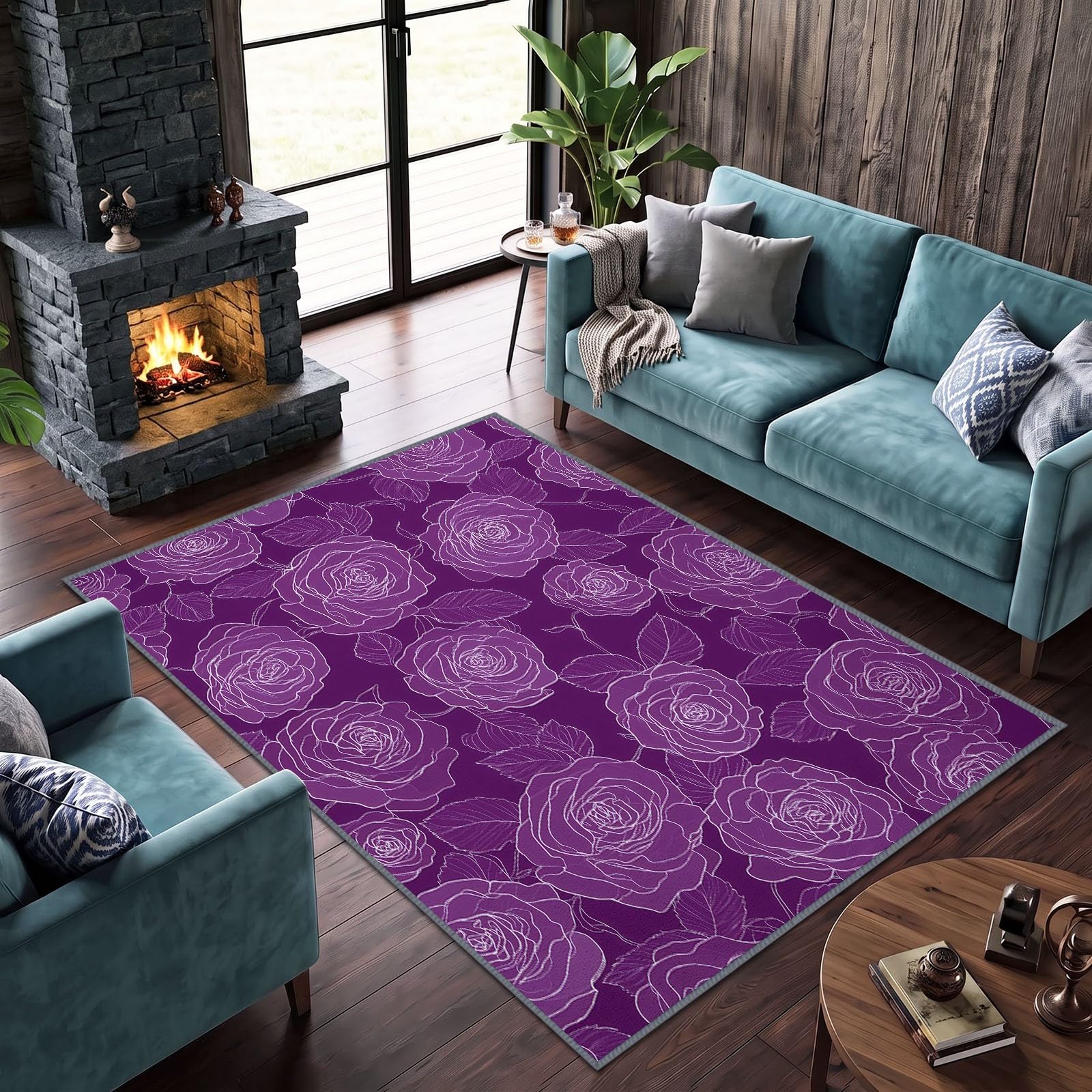 Tapis Lavable en Machine 80 x 150 cm Dessin Au Trait Fleurs Roses Tapis Antidérapant en Flanelle Idéal pour Enfants et Animaux – Moquette de Chambre Doux, Poils Courts, Entretien Facile, Violet