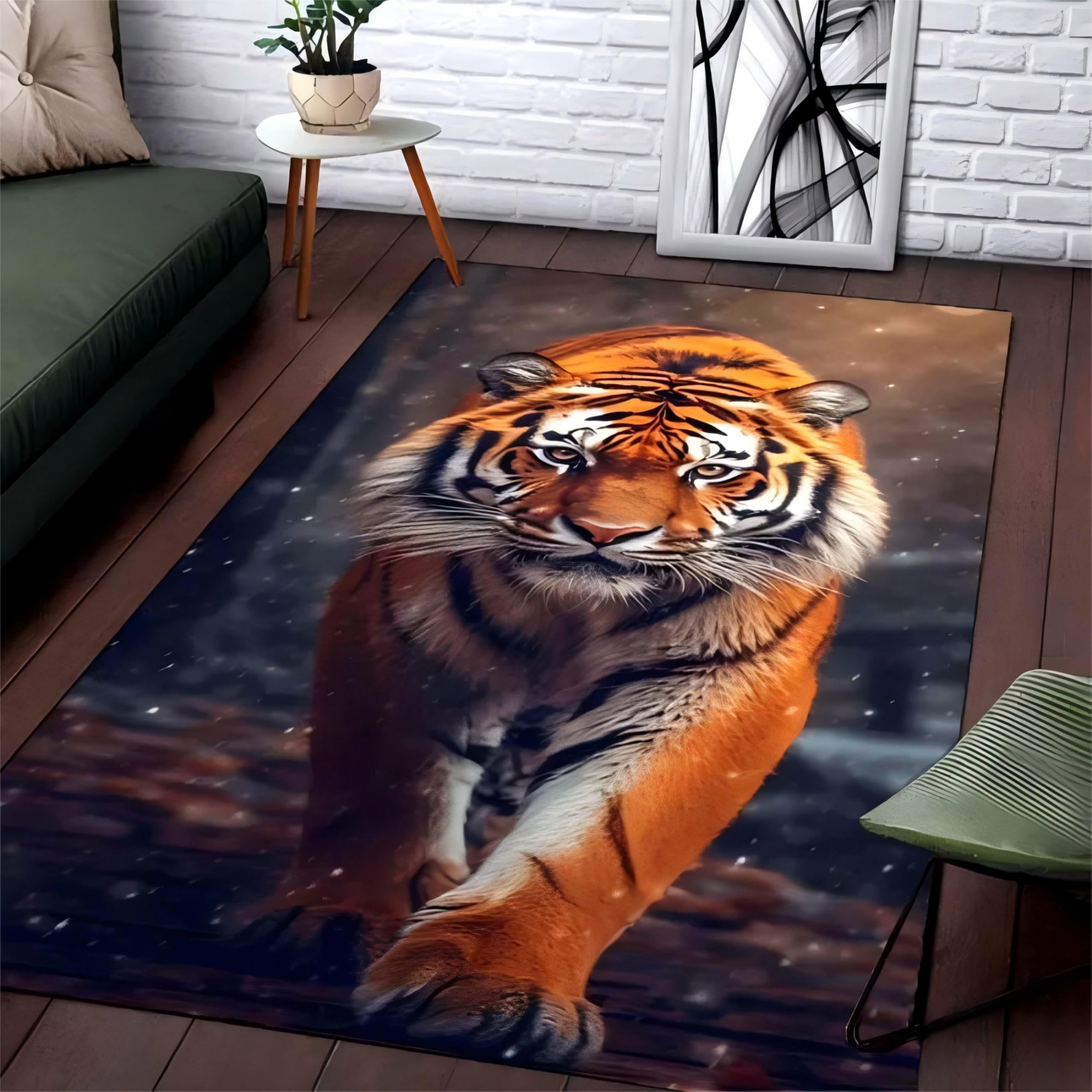 Tiger Rug for Living Room,60x90cm,Animal Theme Snowflake Woodland Black Background Tiger Pattern Area Rugs, With Non-Slip Backing, kids Pet Friendly Rugs for Living Room Bedroom Dining Room Kitchen