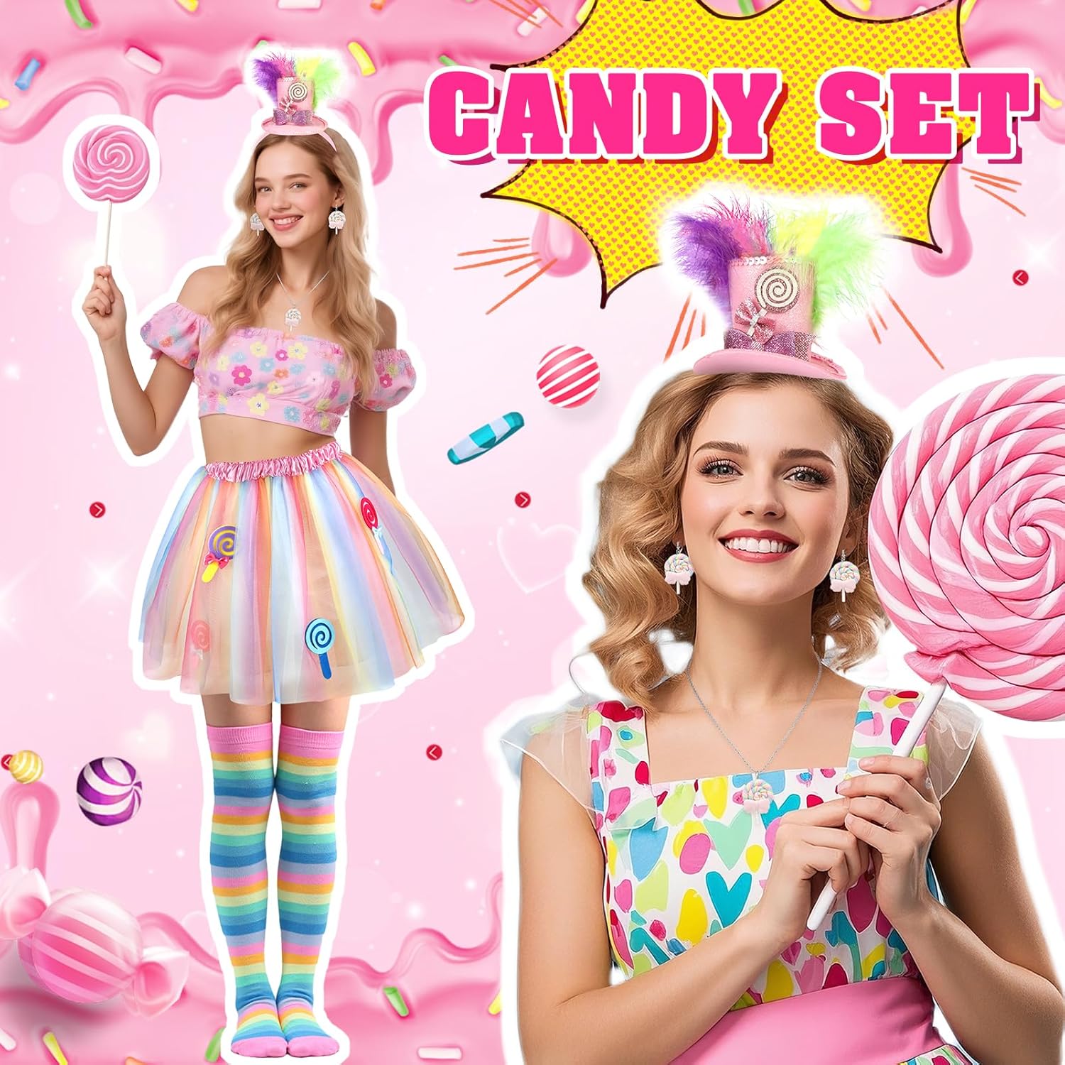 Candyland Candy Costumes for Women,Top Hat Headband Lollipop Necklace Earrings Sweet Rainbow Tutu Stocking Candy Theme Cosplay Accessories for Halloween Christmas - Image 2