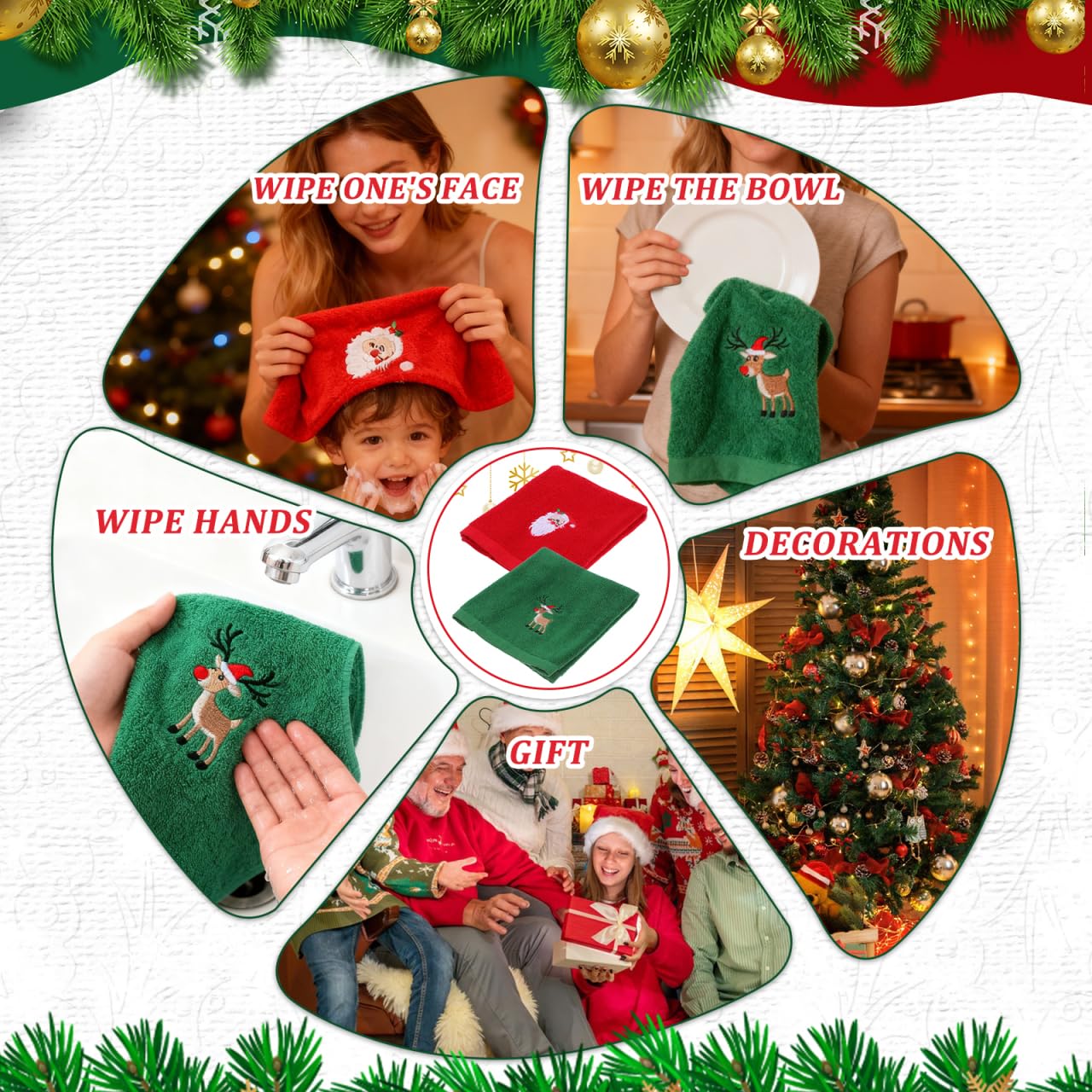 Operitacx 6-Teiliges Handtuch-Set Mit Weihnachtsstickerei, GeschirrtüCher KüChentüCher Waschlappen GeschirrtüCher FüR Zuhause, Badezimmer, KüChe, Alltag, 44,6 X 31,8 cm