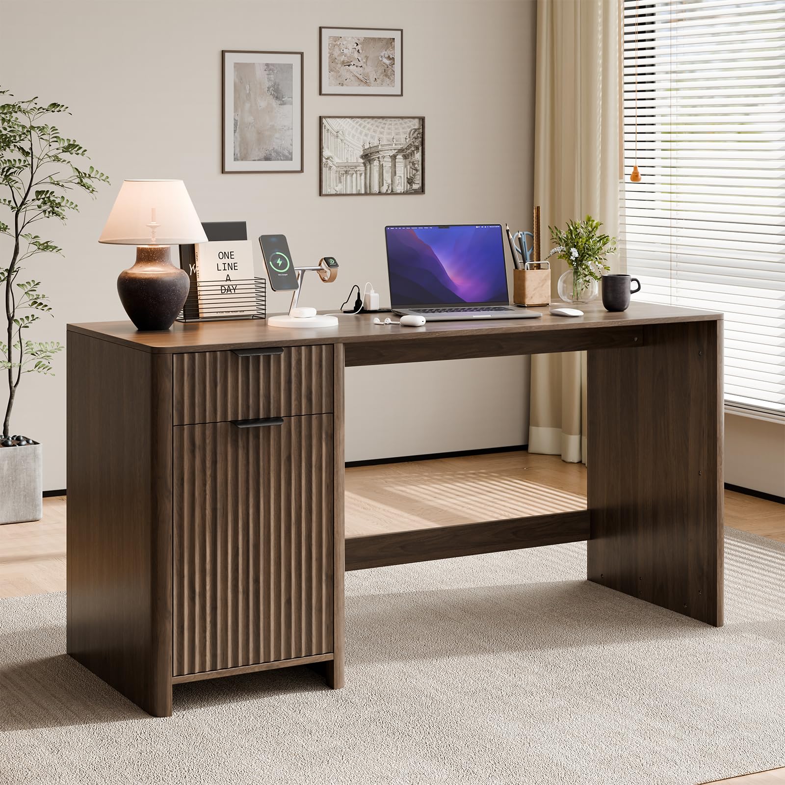 Photo 1 of ***STOCK PHOTO FOR REFERENCE ONLY***
Herihome 59" Fluted Home Office Desks with Storage, Power Outlet, Black
