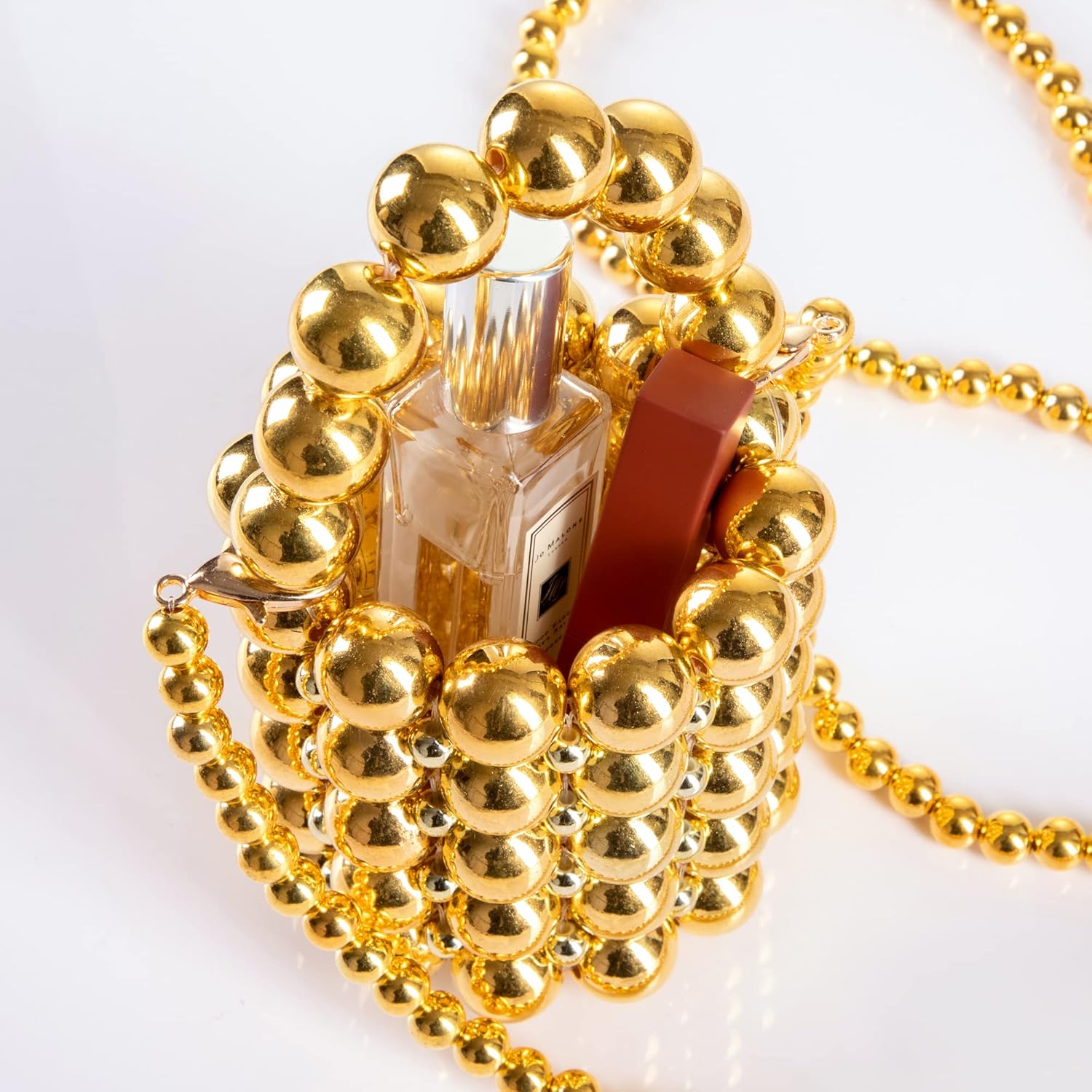 Women Beaded Evening Bucket Bag Small Lipstick Handbag Velvet Lining with Detachable Chain for Wedding Party