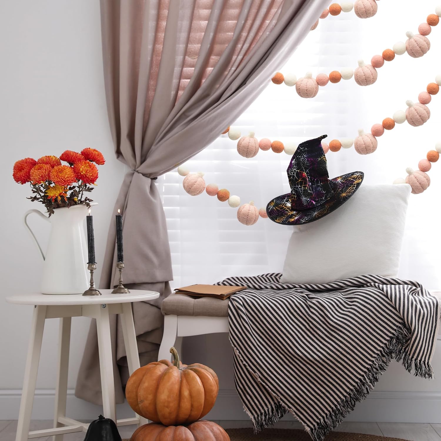 Glaciart One Felt Balls + Pumpkin Garland 2 Pcs - Easy to Hang Halloween Party Banner Decoration - Fall Décor, 100% New Zealand Wool, Hand-Felted in Nepal - 6' Long, 18 Pom Poms, 5 Pumpkins Ornaments