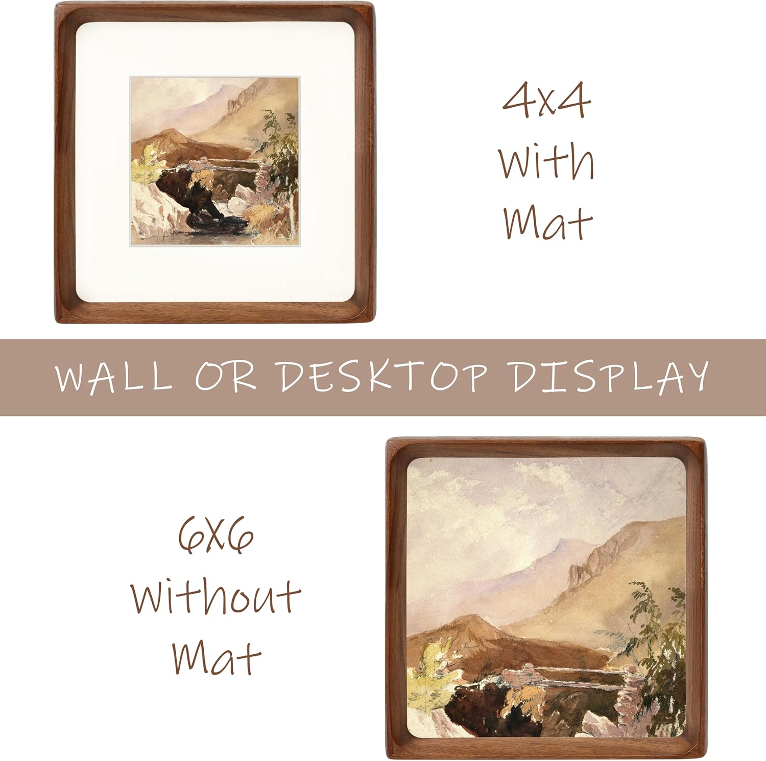 Square 6x6 Picture Frame with Mat for 4x4, Natural Walnut Wood Handcrafted Rounded Corner with Real Glass, Vertical or Horizontal Display Photo Gallery Wall & Tabletop Frame