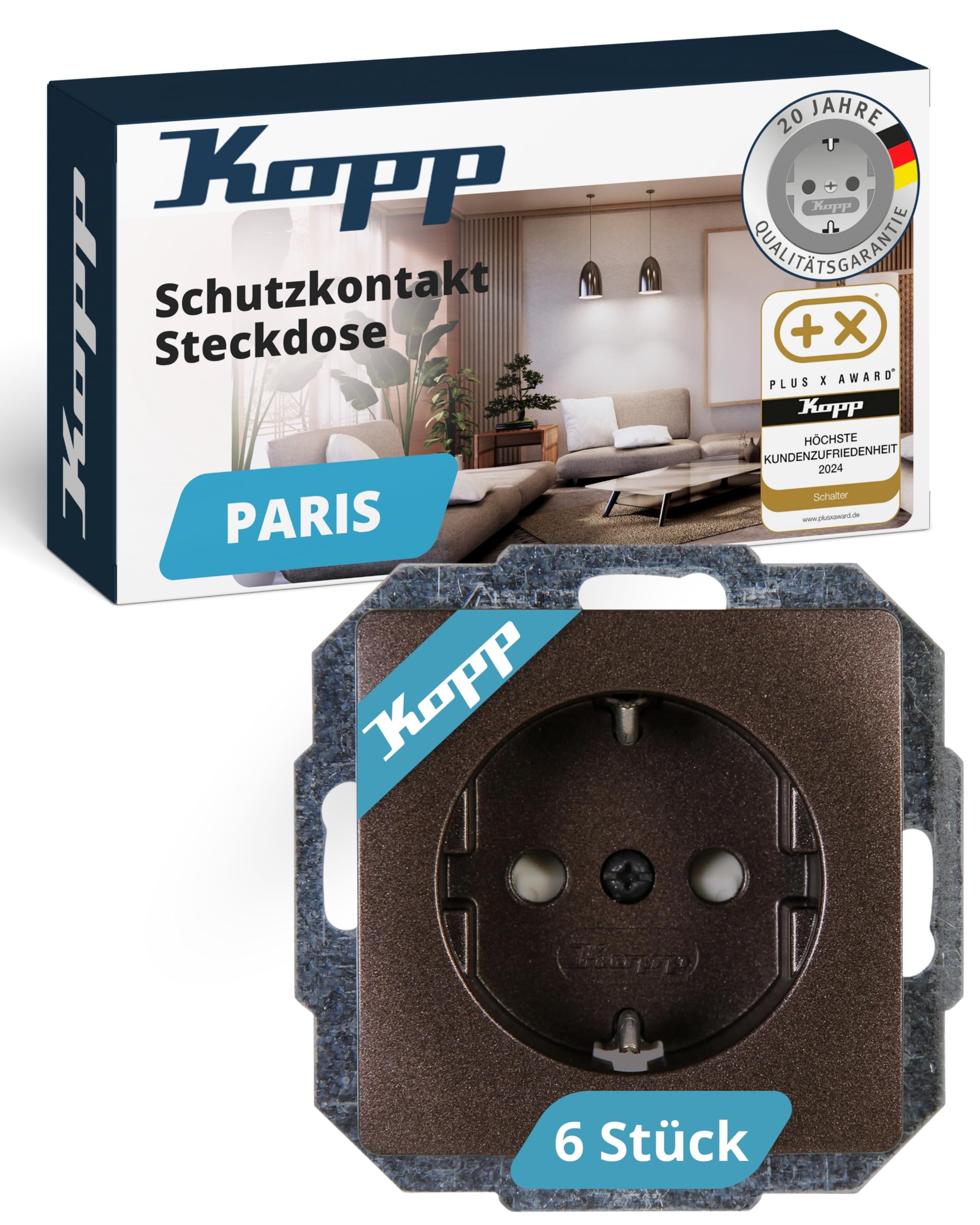 Kopp PARIS Schutzkontaktsteckdosen in Palisander-Braun - 6 Stück - 1-fach Einbausteckdose mit erhöhtem Berührungsschutz - IP20 Unterputz-Steckdose mit Schutzkontakt - Steckdosen-Unterputz 16A / 250V~
