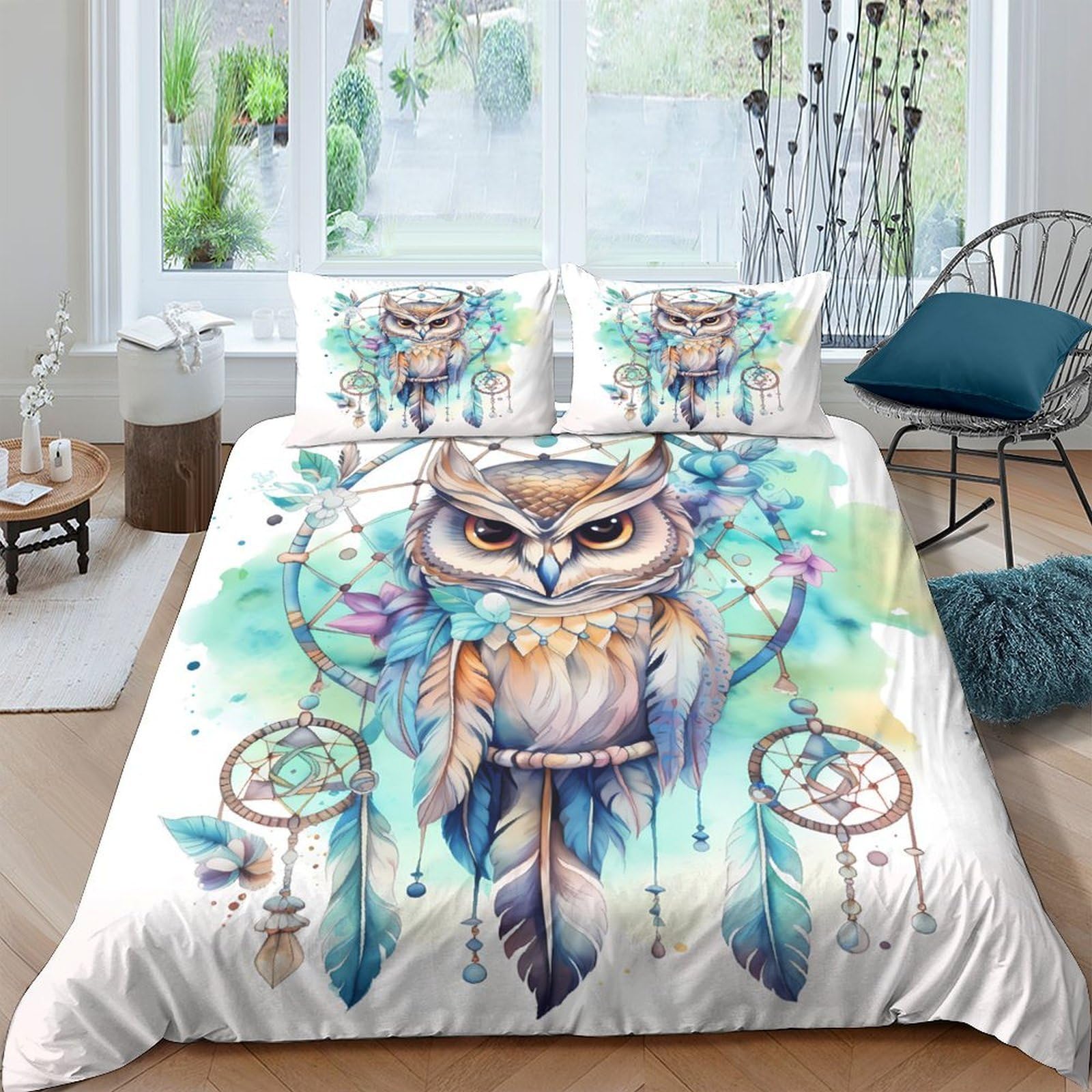 Ctjqhvkz Style-8 3D Printed Dreamcatcher Owl Fitted Sheet Microfiber Soft Watercolor Boho Bed Sheet For Bedroom Guestroom Decor Single（135X200cm）