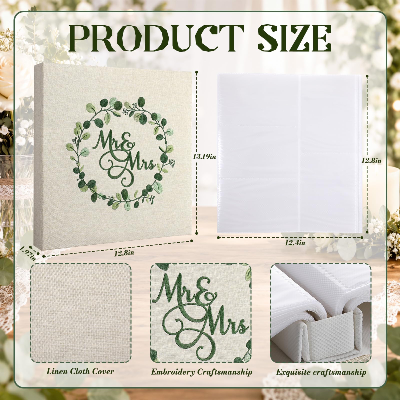 MotiMind Eucalyptus Leaf Embroidered Linen Wedding Photo Album 12.99x11.81 Inches with 400 Pockets Vintage Wedding Memory Book for Engagement Photo Honeymoon Keepsake Couple Anniversary