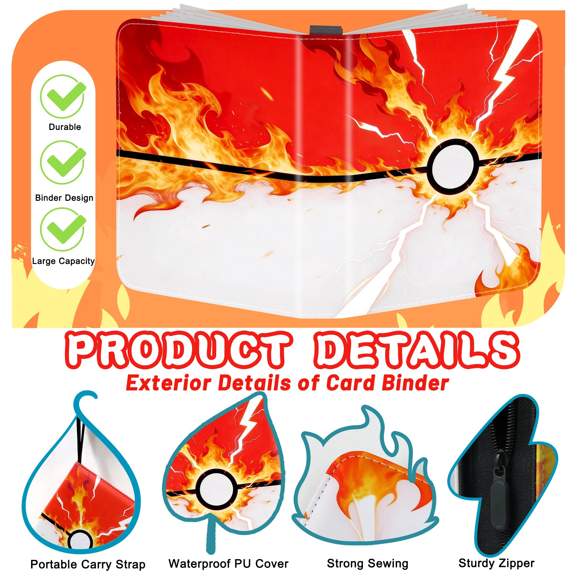 Card Binder 4 Pocket, Sammelkartenbinder Halten 440 Karten mit 55 Abnehmbare Kartenhüllen, 3 Ringbuch Reißverschluss Kartenhalter Kartenbuch Album Kompatibel mit Pokemon Card Binder, TCG, MTG