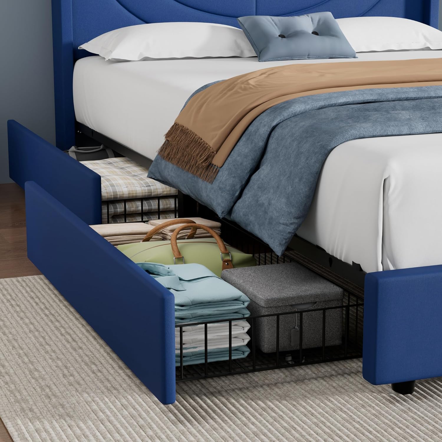 VECELO Queen Bed Frame Upholstered Platform with 4 Drawers&Fabric Headboard,Wooden Slats Support/No Box Spring Needed/Mattress Foundation,Dark Blue