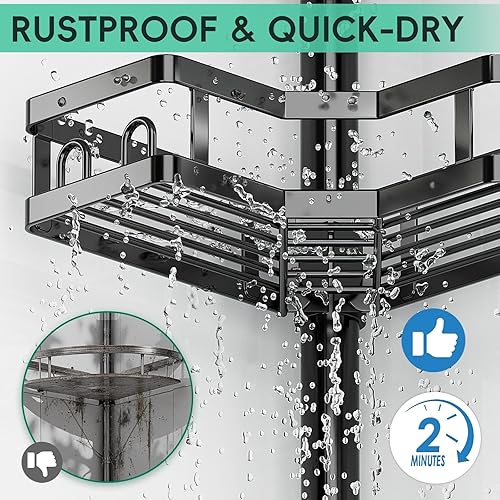 Miniatura 6 de HEVEL Poste de tensión esquinero para ducha, organizador de ducha ajustable de 62 a 115 pulgadas, estantes de ducha inoxidables para baño, color