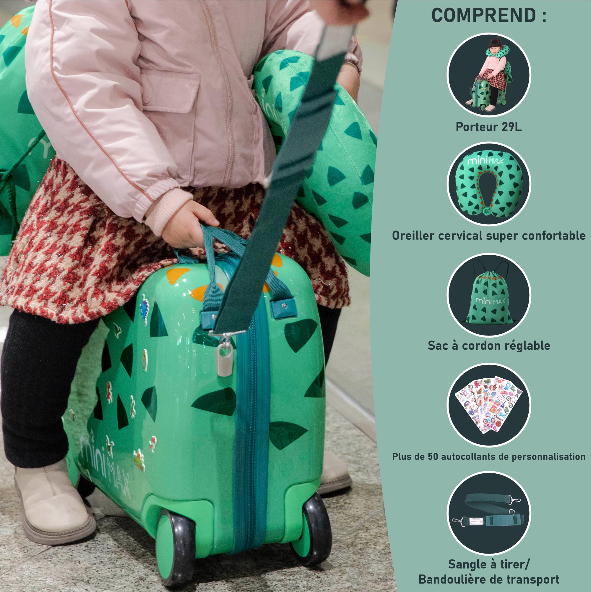 Aerolite Minimax Valise Enfant à 4 roulettes 45x36x20cm - Bagage Cabine pour Enfants 29L Bagage à Main de Voyage à Coque Rigide et 4 Roues - Set de Bagages avec Sac et Oreiller 45x36x20 (Dinosaure)