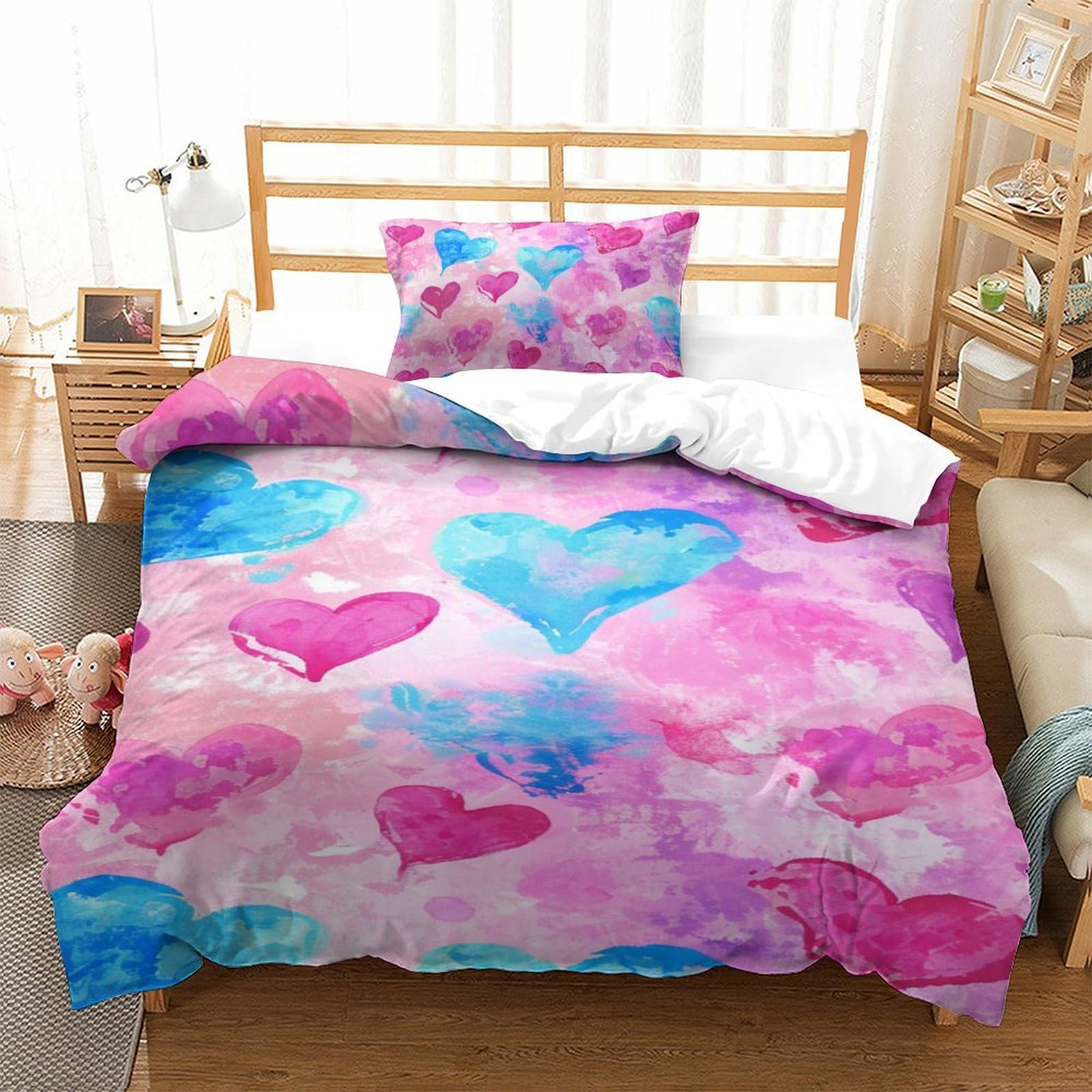 Housse de couette 135x200cm motif 3D Amour en microfibre respirante avec ses taies d'oreiller