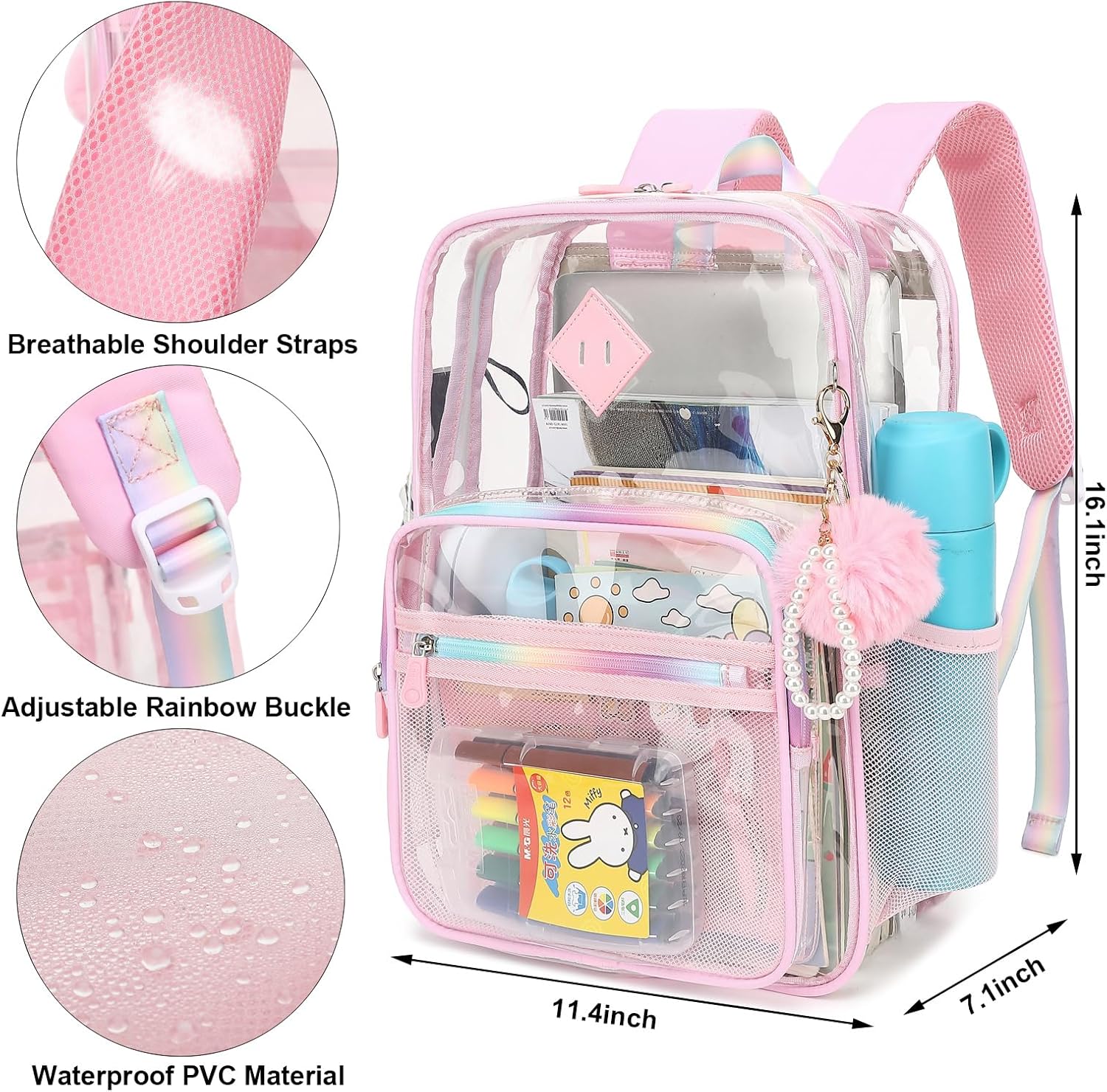 Pink Clear Backpack for School, Heavy Duty PVC Transparent Bookbag See Through Backpack for Girls Women College Work Travel - Image 5