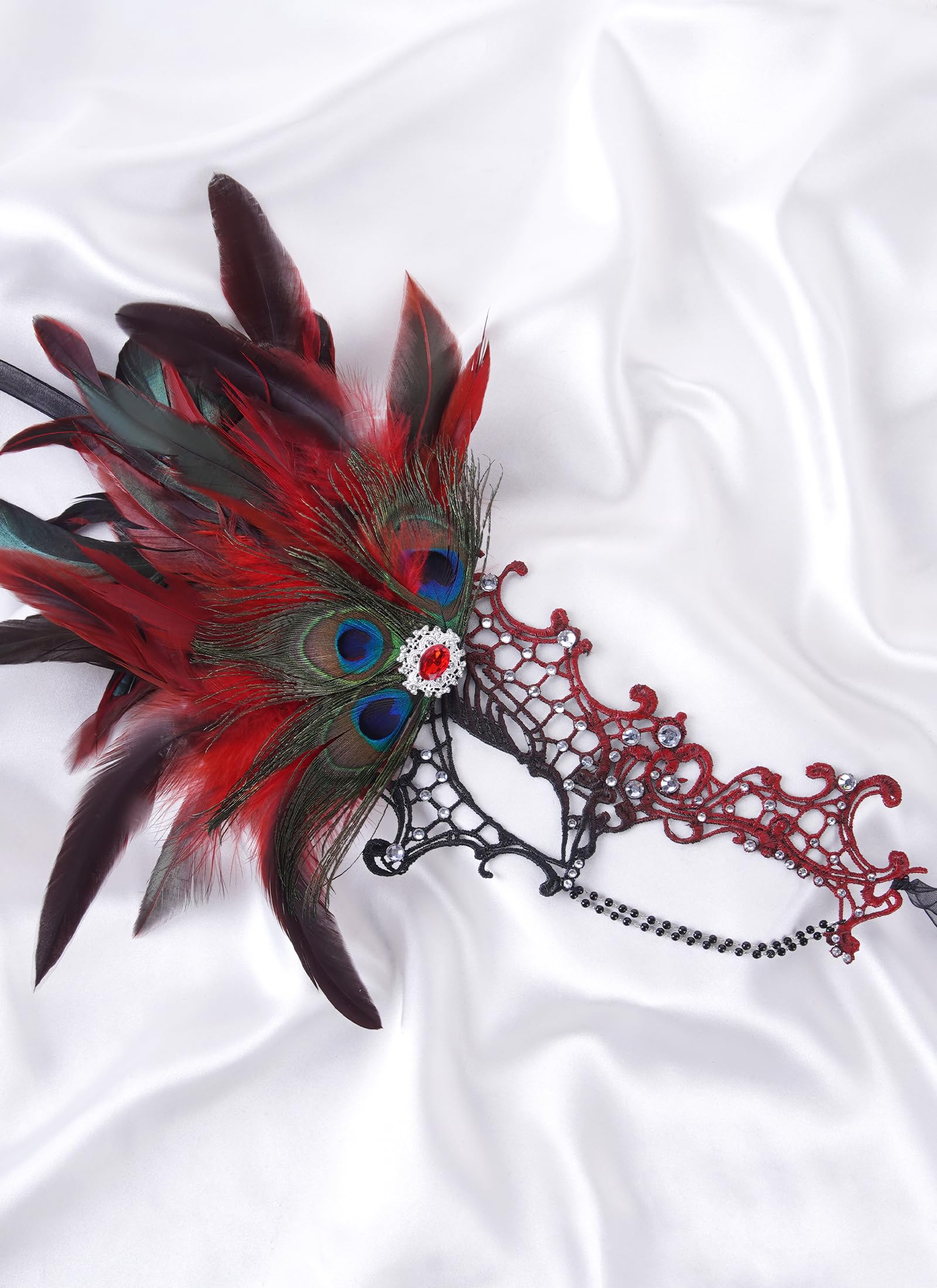 Zinniday Halloween Masquerade Masks for Women - 2026 Peacock Feather Lace Mask 1920s Venetian Eyemask for Party: Black Red