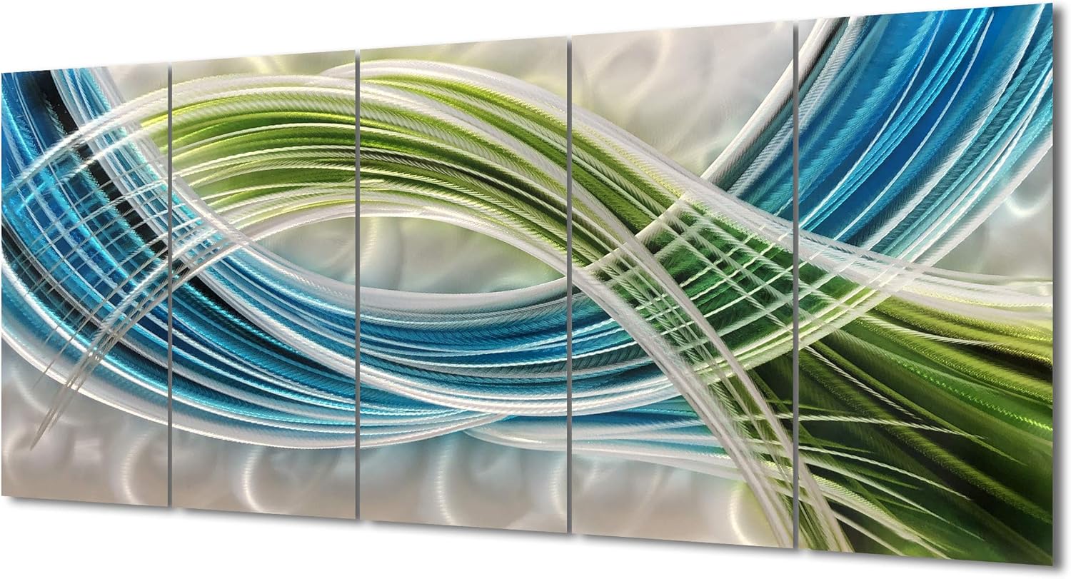 Yihui Arts Abstract Color Warp Metal Wall Art, Large Scale Decor Abstract Blue-Green Swirls, 3D Wall Art for Modern and Contemporary Decor, 5 Panels Measure 24"x 64", Great for Indoors and Outdoors Y-032 24x64IN