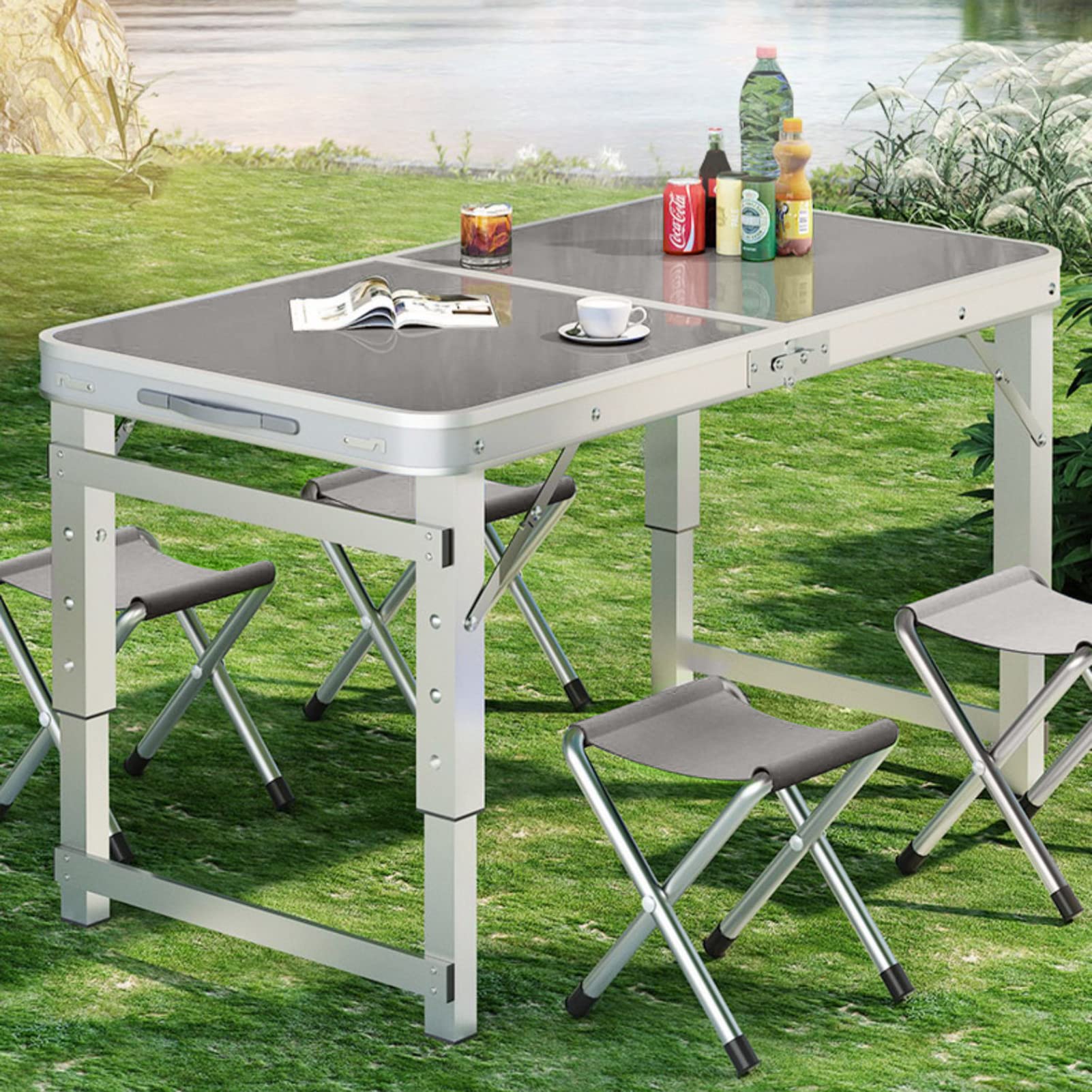 Campingtisch-Set mit 4 Hockern, höhenverstellbar 55/63/69 cm, leichte Outdoor-Tische, Verwendung für Reisen, Camp, Picknick, Grillpartys, tragbare faltbare Tische aus Aluminium (Farbe: Blau (4 Pers Sport & Freizeit