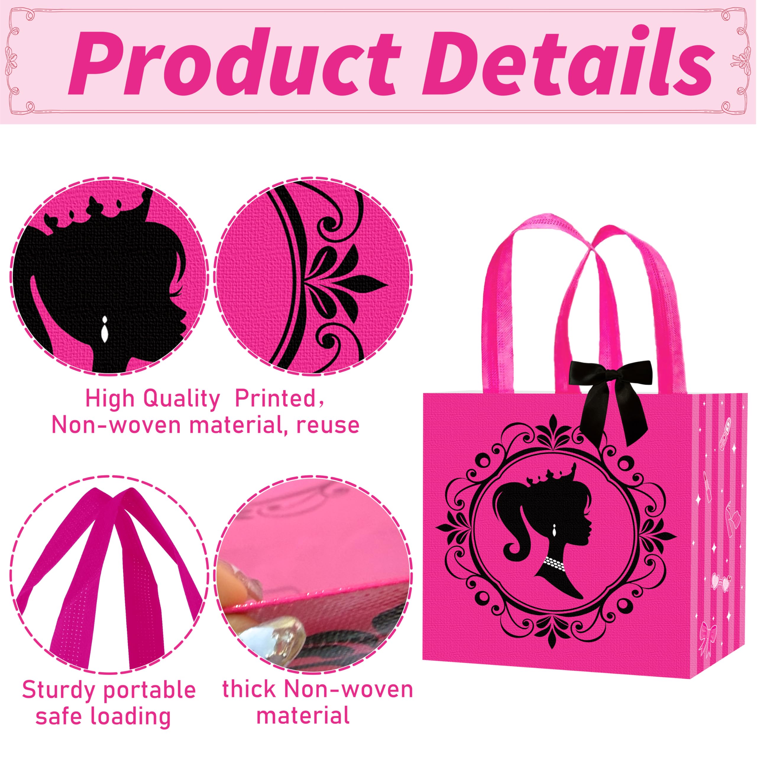 C L cooper life 12pcs Hot Pink Girl Party Gift Treat Bags with Handles Pink Girl Grocery Shopping Bag Princess Theme Non-Woven Bags for Girls Birthday Party Ladies Bachelorette Party Supplies