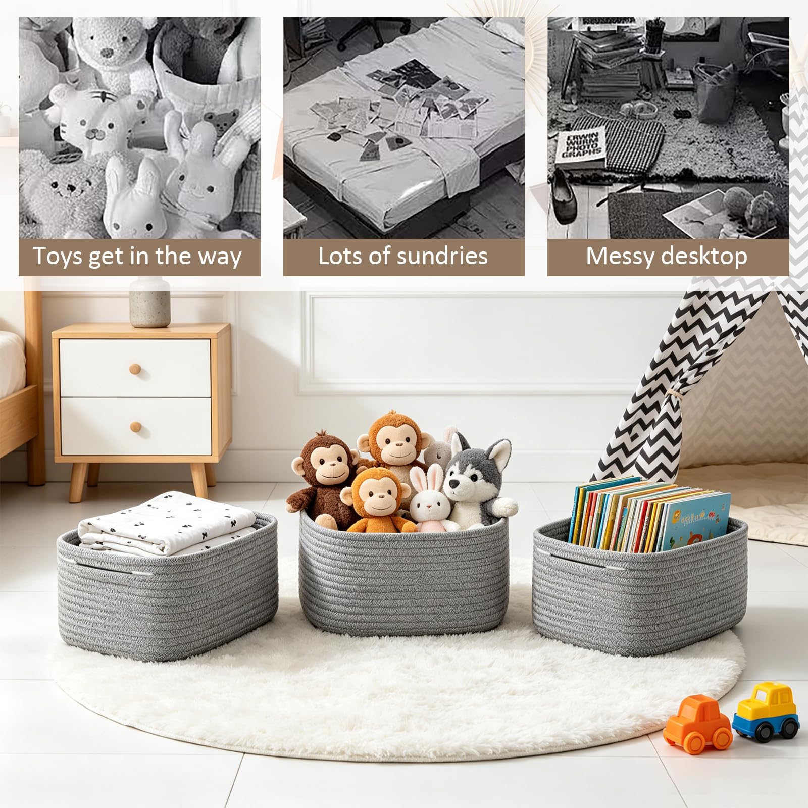 Cesto portaoggetti, 30 x 20 x 11 cm, cestino pieghevole in corda di cotone intrecciato, piccoli cesti portaoggetti per organizzare, scaffale, cestino per giocattoli, cestini in corda intrecciata