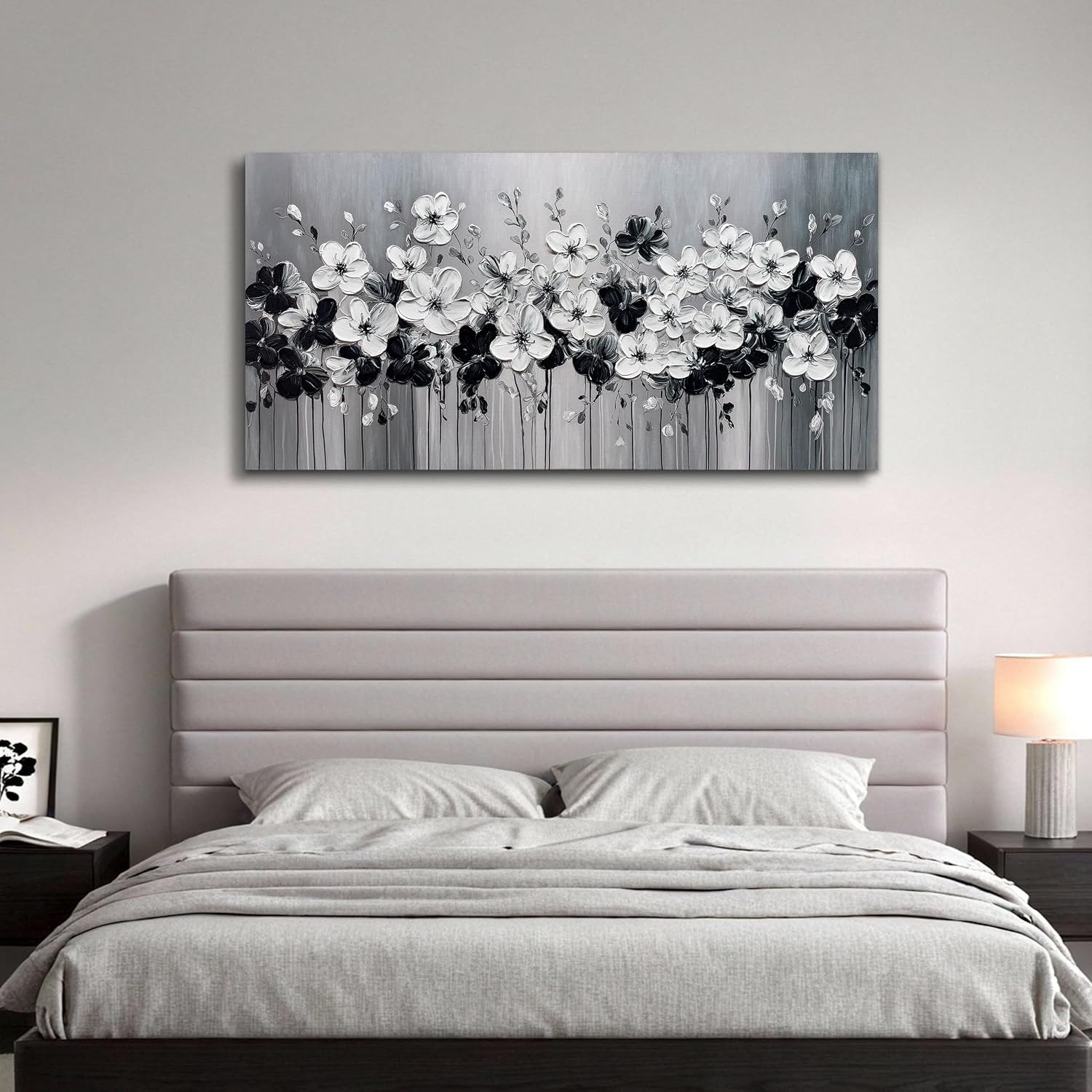 Tarfupth Black and White Flower Wall Art for Living Room Large Blossom Hand Painted Modern Floral Artwork for Bedroom Office Kitchen Home Decor 29"x58"