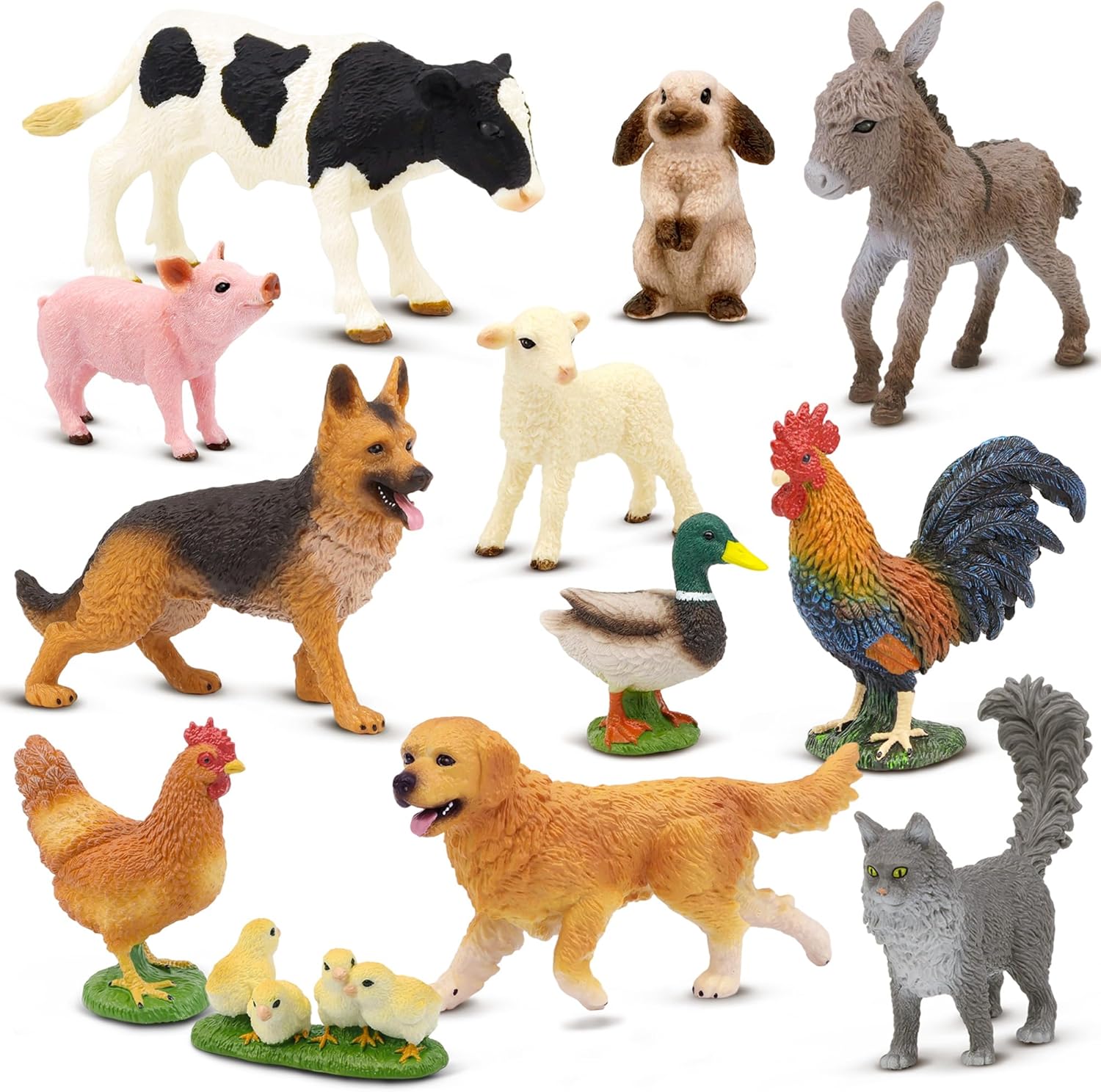 Farm Animals Toy Set, 12 Realistic Small Animal Figurines with Pets, Livestock, Poultry for Kids Ages 3+, Educational Learning Playset for Toddlers Boys Girls