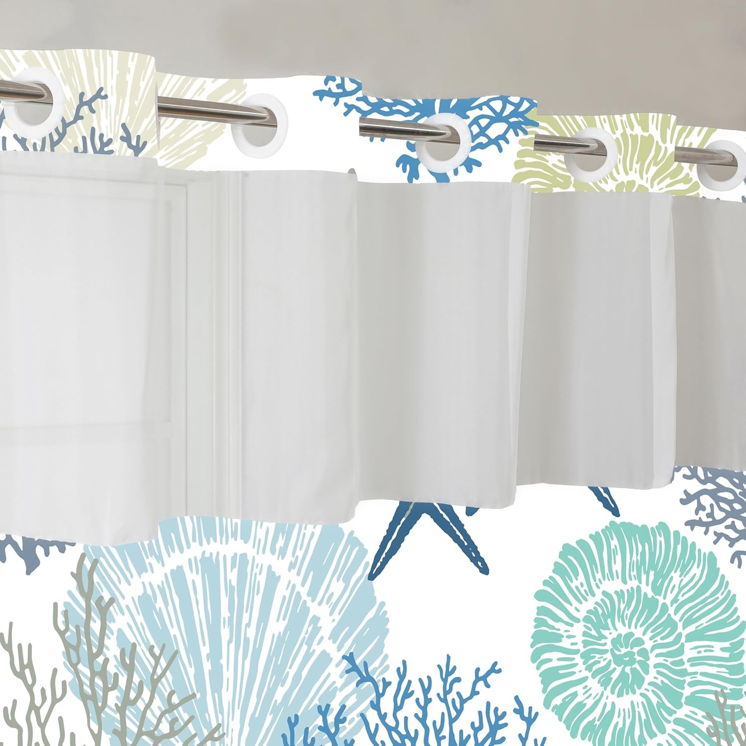 No Hook Nautical Coastal Shower Curtain with Snap in Liner- Blue Ocean Beach Seashell Hotel Shower Curtains for Bathroom, Starfish Themed Bath Curtain, Water-Repellent & Washable Fabric,71 x 74 inches