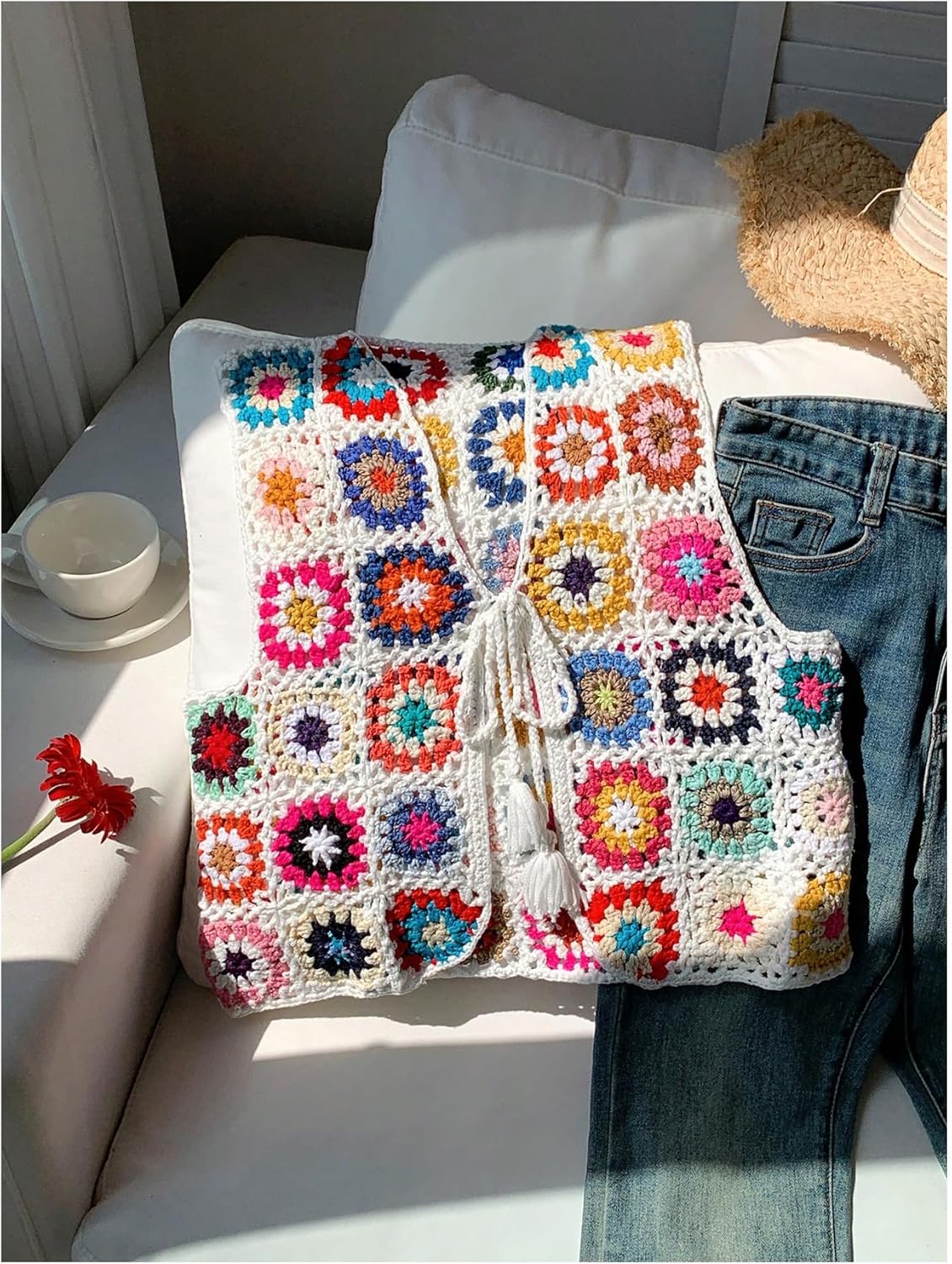 GORGLITTER Women's Boho Crochet Tie Front Sweater Vest Hollow Out Sleeveless Floral V Neck Knit Tops - Image 4