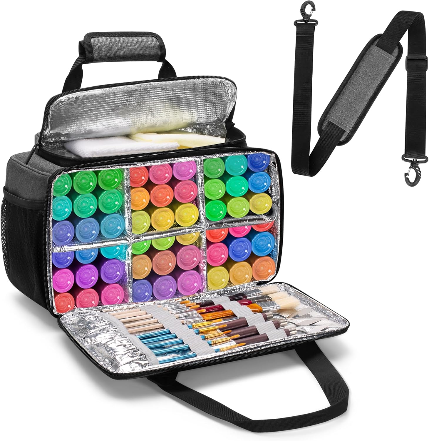 Acrylic Paint Storage Case Hold up to 54 Bottles (2 oz), Paint Carrying Case with Shoulder Strap and Handle, Paint Bottle Organizer Bag with Brush Storage, Easy Cleaning Liner, Grey, Patented Design