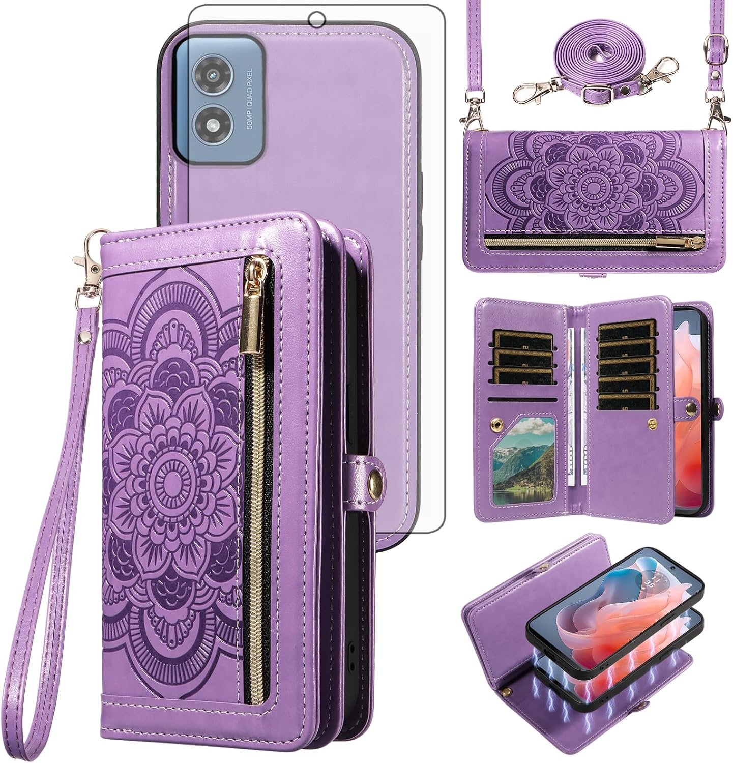 Asuwish Phone Case for Motorola Moto G Play 2024 4G Zipper Wallet Detachable Cell Cover with Tempered Glass Screen Protector Crossbody Strap Flower Card Holder XT2413V XT2413-1 64GB Women Girls Purple