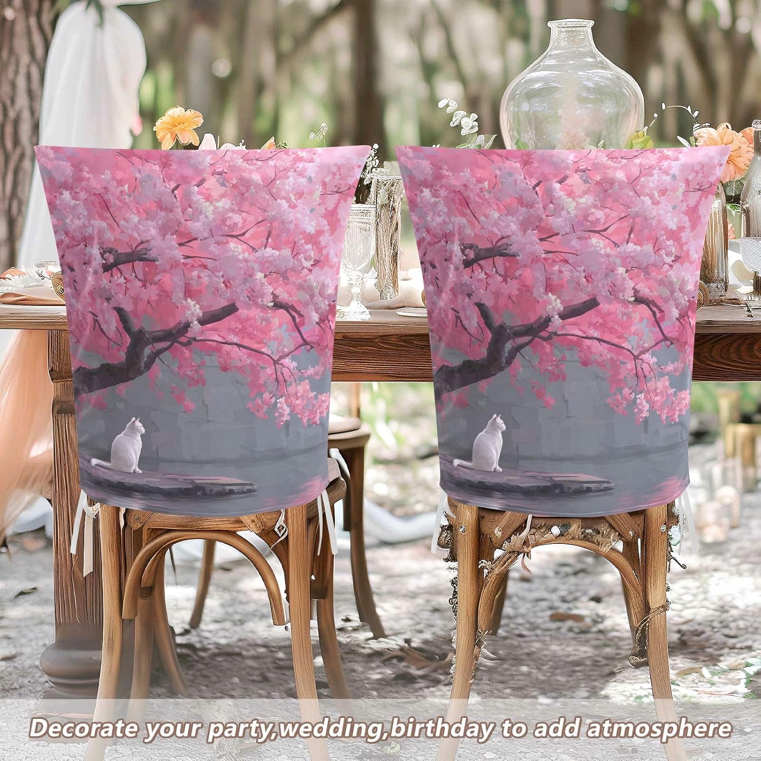ALAZA Vintage Cats Cherry Flowers Chair Back Cover Set of 6, Washable Reusable Removable Chair Slipcovers Decorative Chair Cover for Home Kitchen Wedding Party