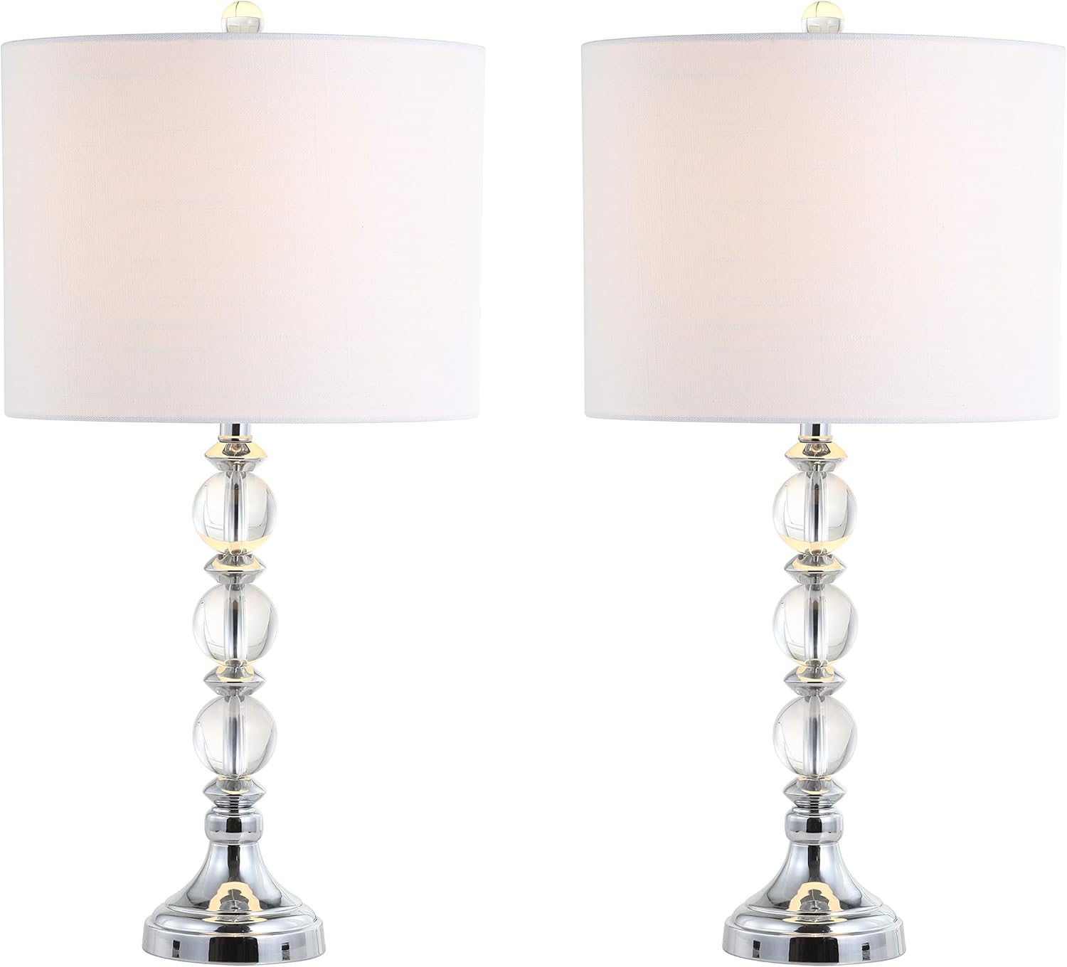 JONATHAN Y 26" Clear/Chrome Crystal LED Table Lamp Set of 2, Transitional Faceted Glass and Metal Nightstand Lamps with White Linen Drum Shade, LED Bulbs Included JYL5041A-SET2
