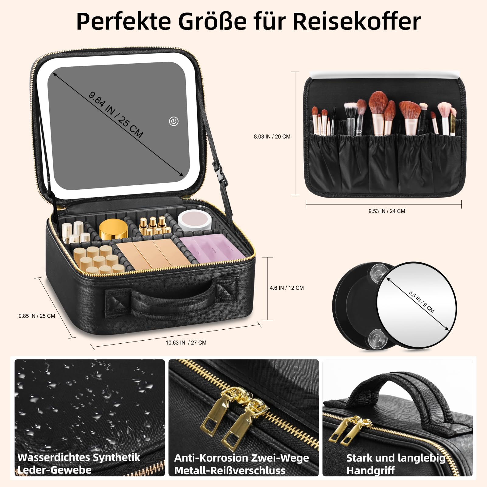 Reisekosmetiktasche mit beleuchtetem Spiegel, 3 Farbmodi dimmbaren Lichtspiegel, wasserdichte PU Leder Make up Organizer Tasche